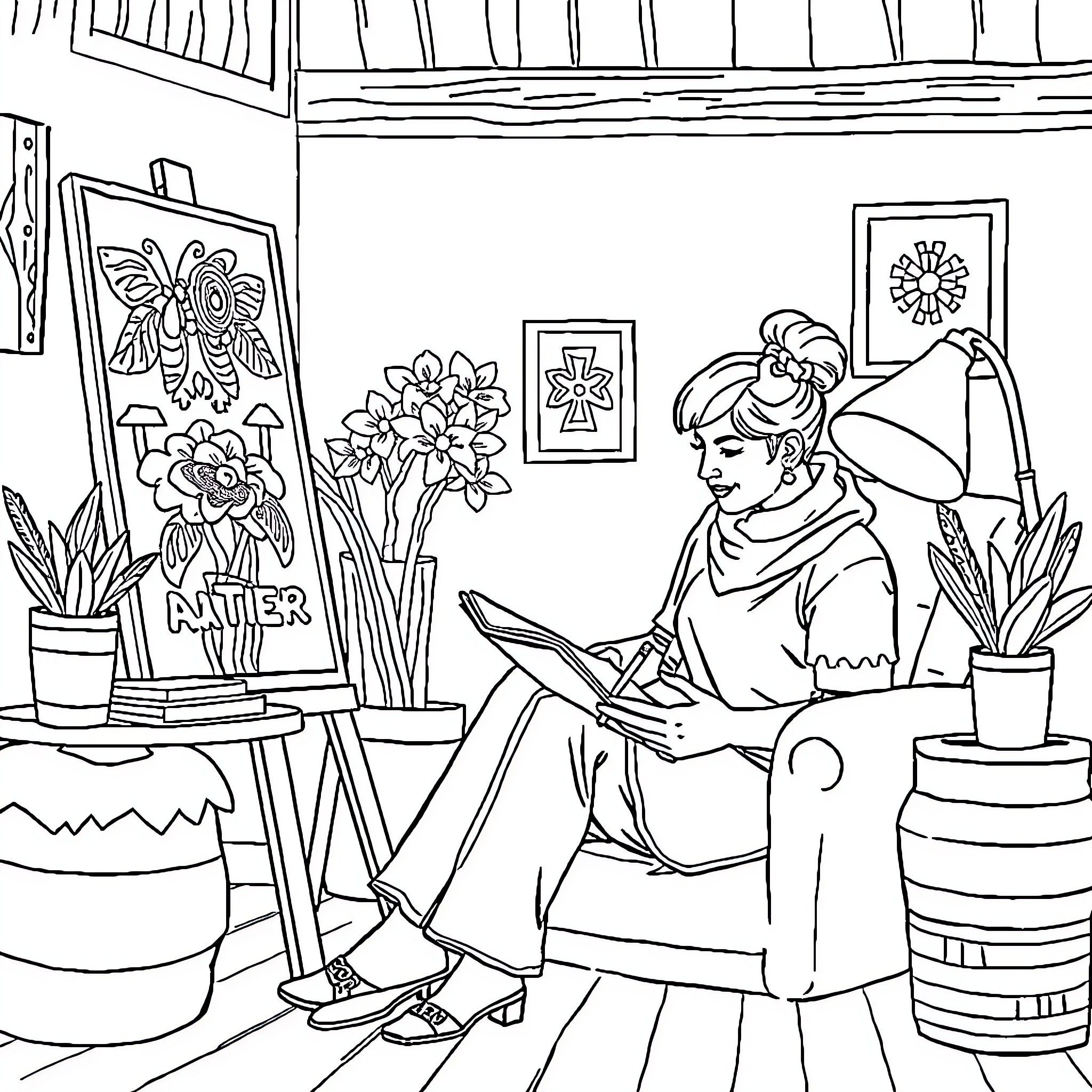 Teacher in Classroom Creating Artistic Designs Coloring Page (free black-and-white line drawing printable PDF for all, from beginners to advanced learners, including children, teens, adults, and seniors)