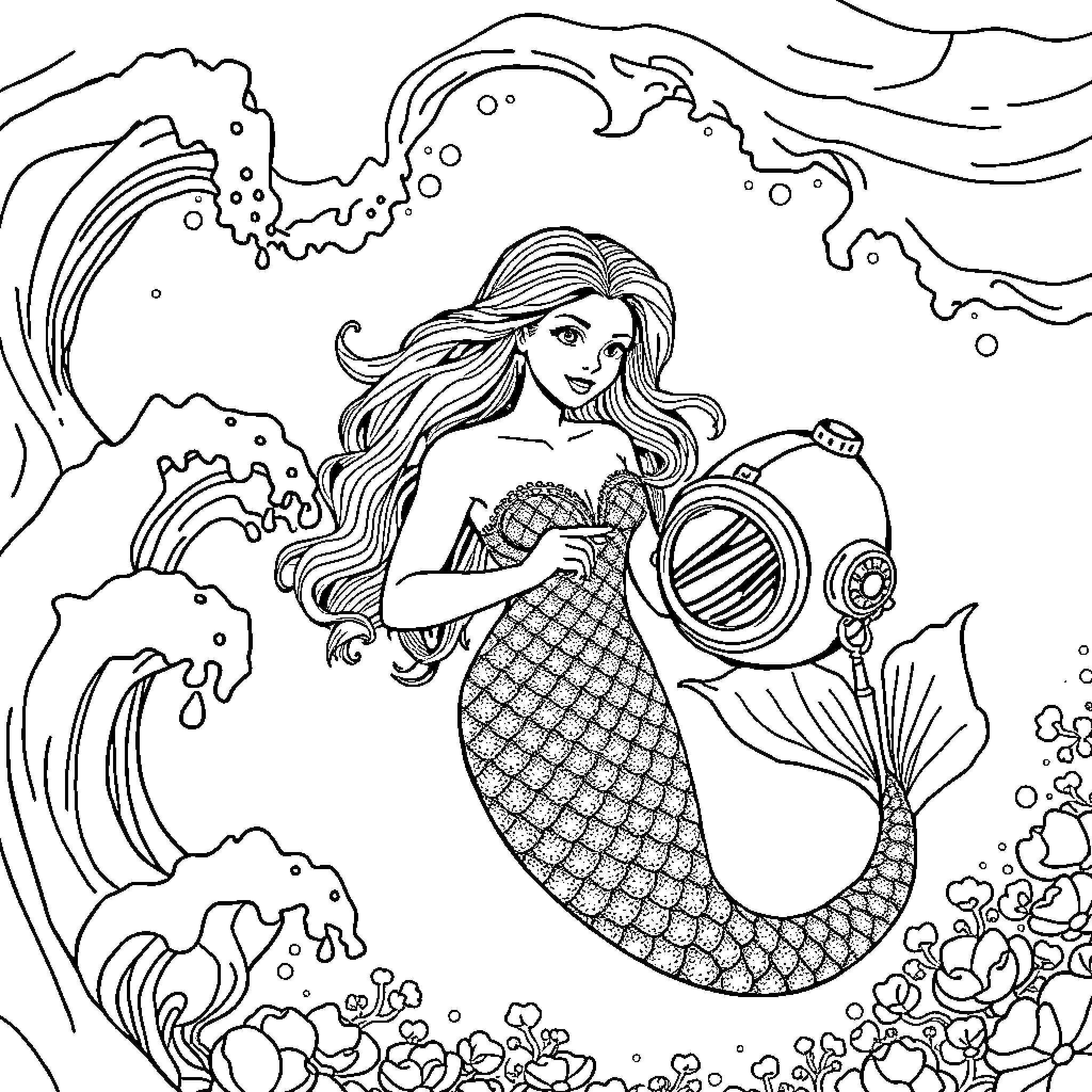 Mermaid exploring the underwater world Coloring Page (free black-and-white line drawing printable PDF for all, from beginners to advanced learners, including children, teens, adults, and seniors)