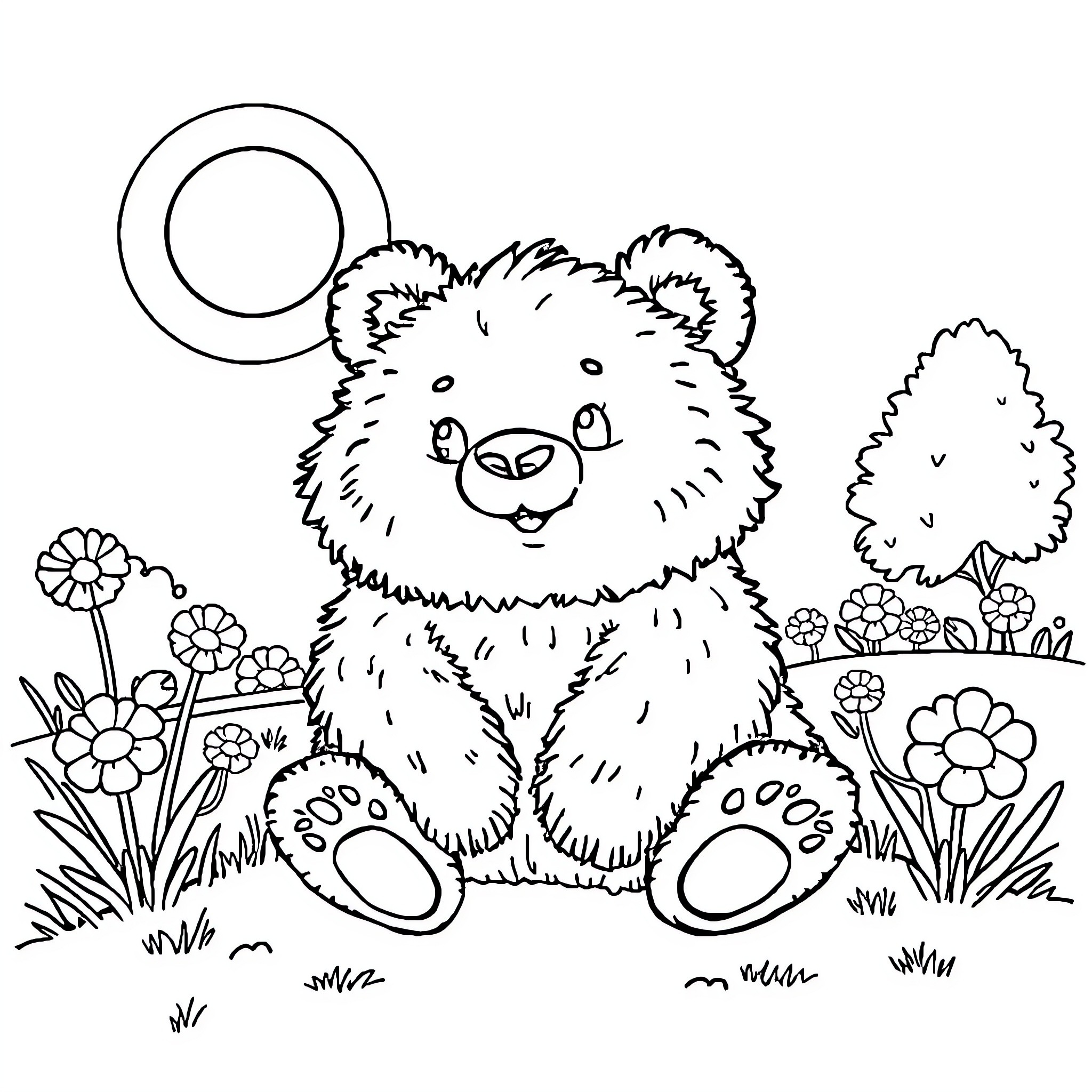 Bear playing in a floral meadow Coloring Page (free black-and-white line drawing printable PDF for all, from beginners to advanced learners, including children, teens, adults, and seniors)