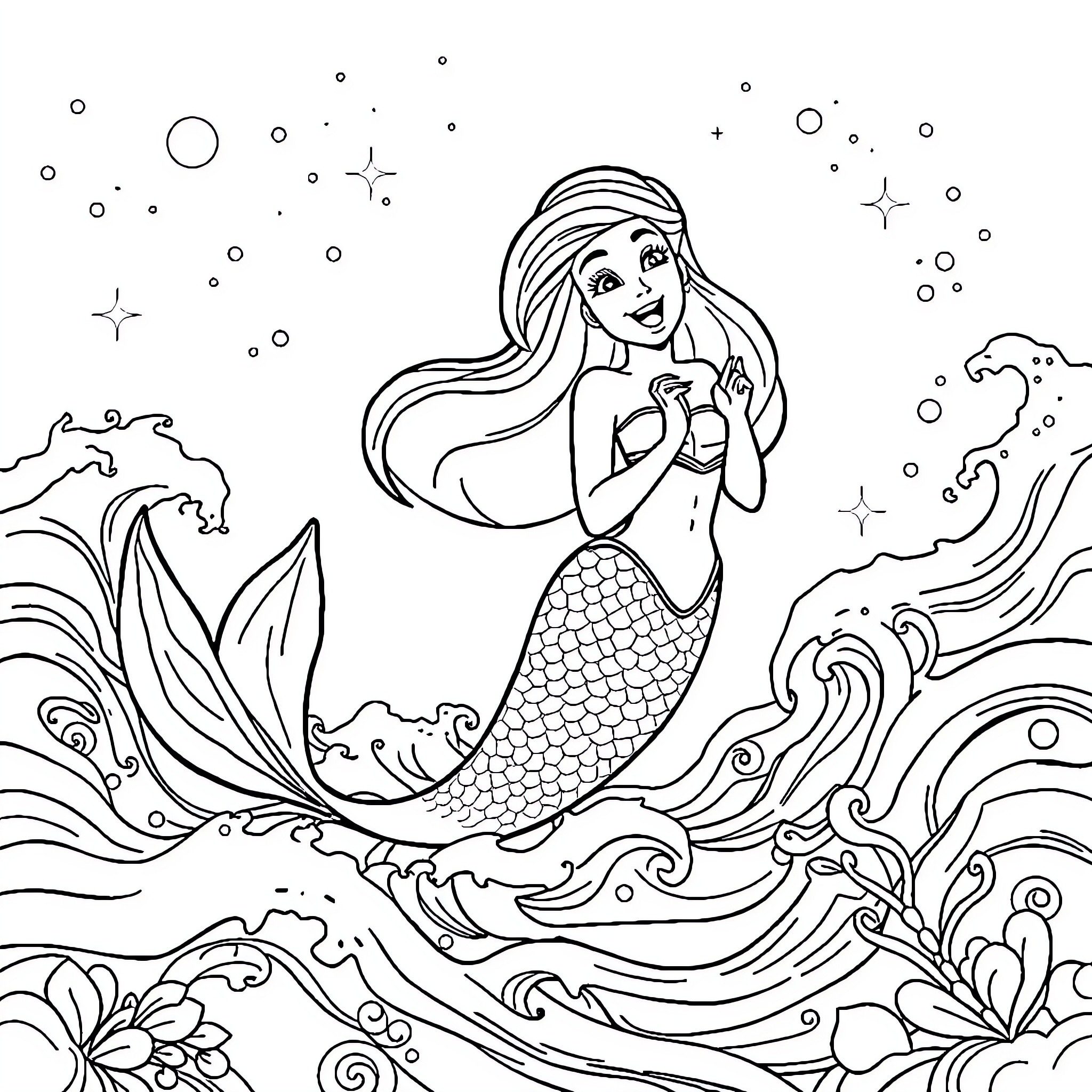 Ariel, the Enchanting Mermaid, Exploring the Wondrous Sea Coloring Page (free black-and-white line drawing printable PDF for all, from beginners to advanced learners, including children, teens, adults, and seniors)