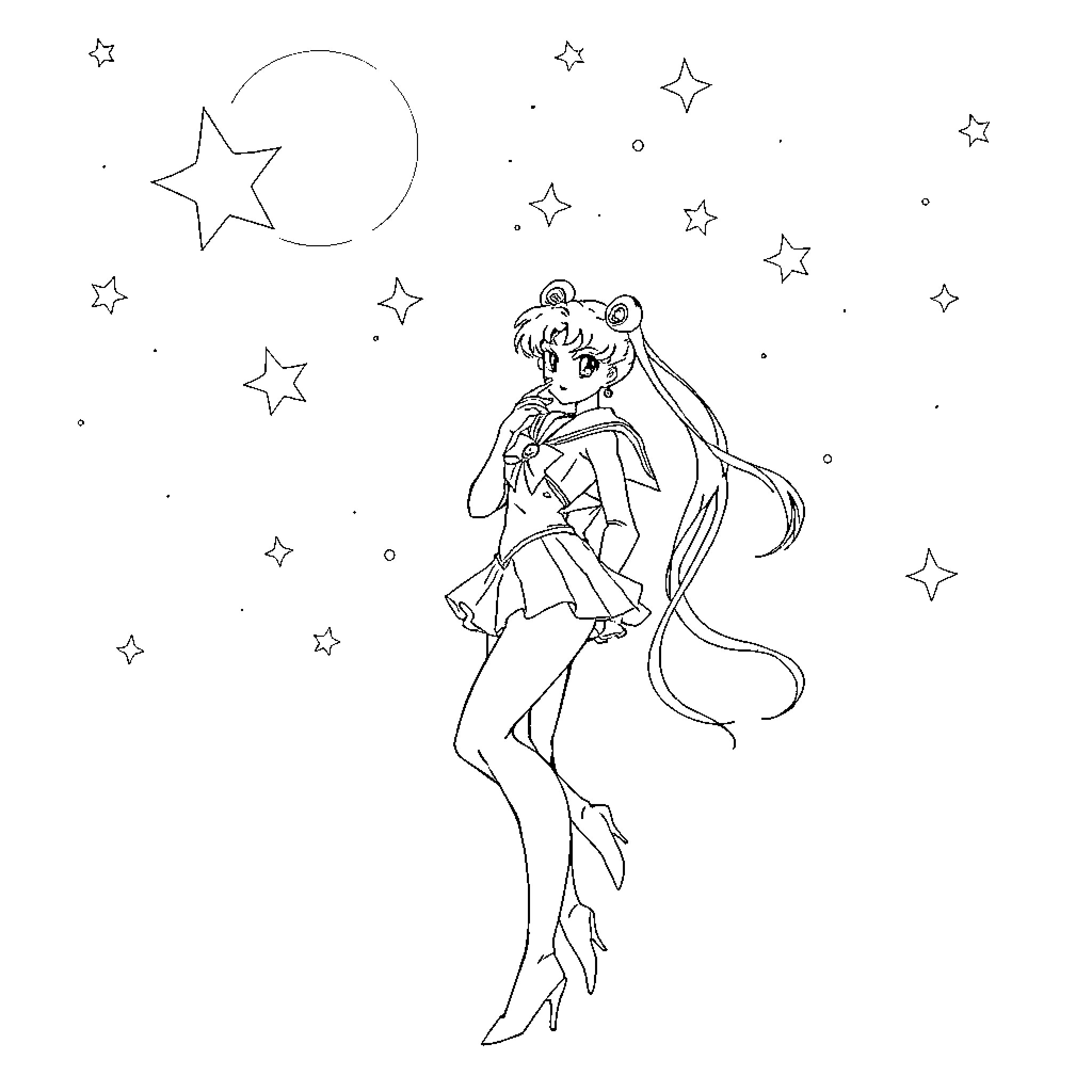 Moon Magical Girl in Starry Night Coloring Page (free black-and-white line drawing printable PDF for all, from beginners to advanced learners, including children, teens, adults, and seniors)