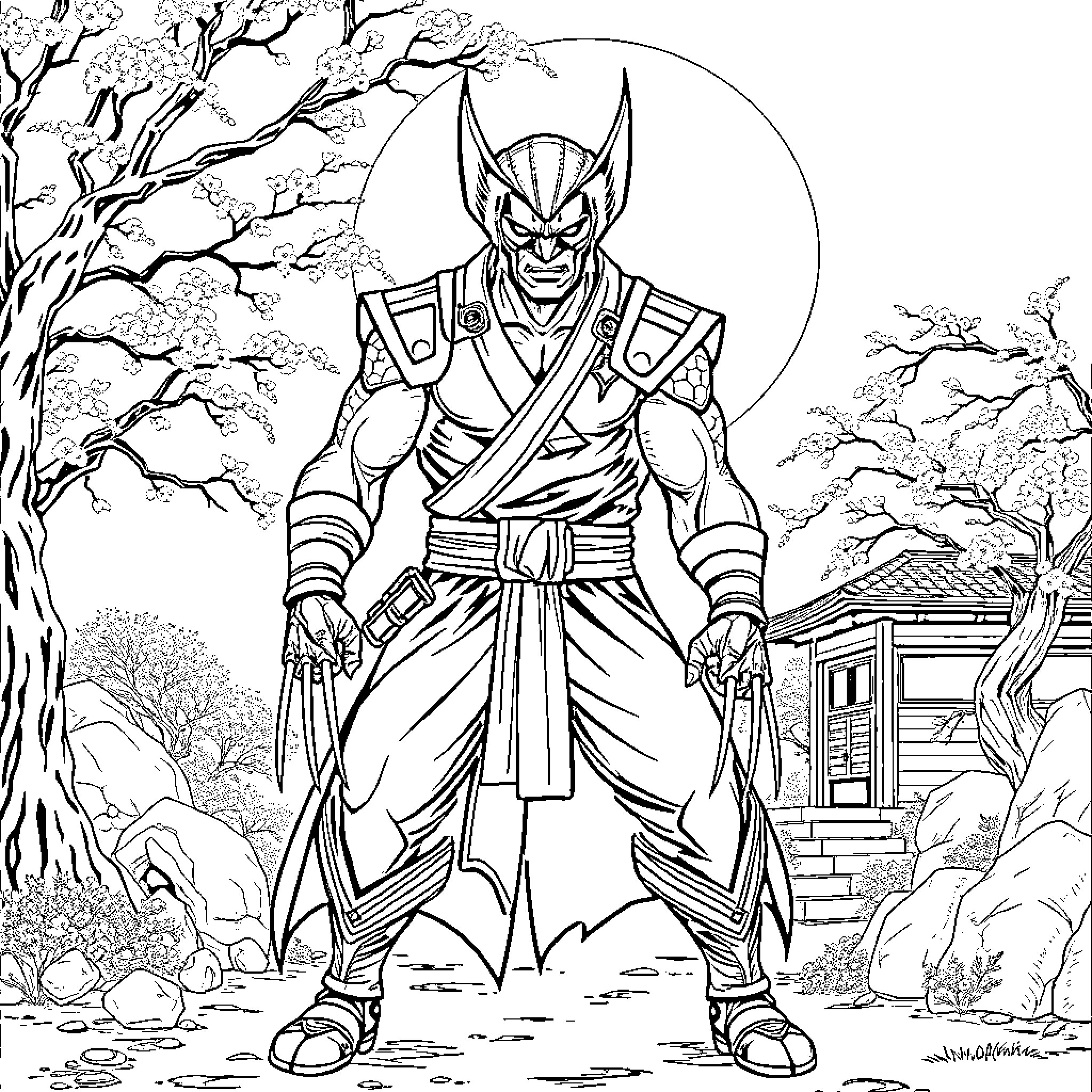 Wolverine's Samurai Warrior Stance in the Wilderness Coloring Page (free black-and-white line drawing printable PDF for all, from beginners to advanced learners, including children, teens, adults, and seniors)