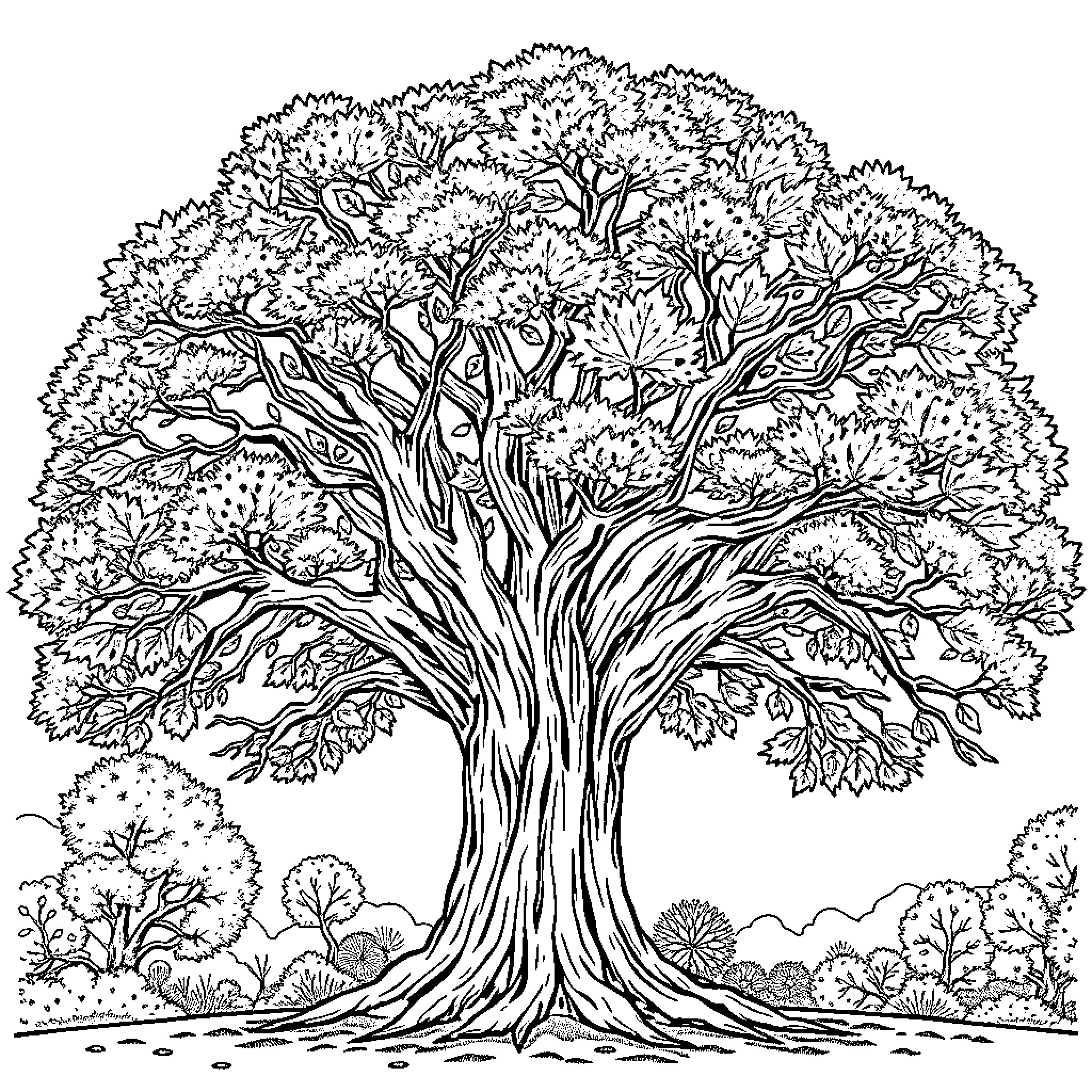 Tree with intricate branches and lush foliage Coloring Page (free black-and-white line drawing printable PDF for all, from beginners to advanced learners, including children, teens, adults, and seniors)