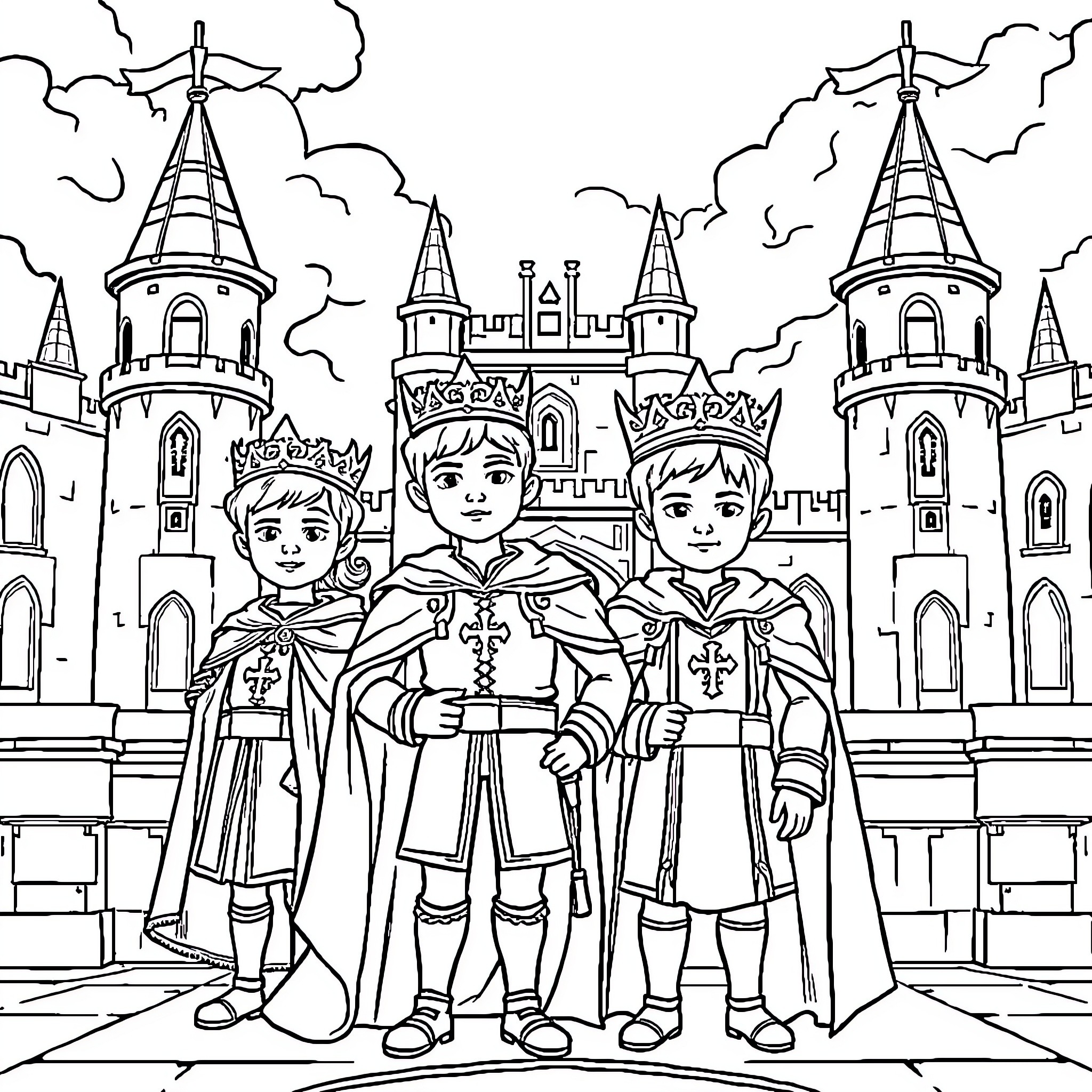 Prince's Royal Procession in the Castle Kingdom Coloring Page (free black-and-white line drawing printable PDF for all, from beginners to advanced learners, including children, teens, adults, and seniors)