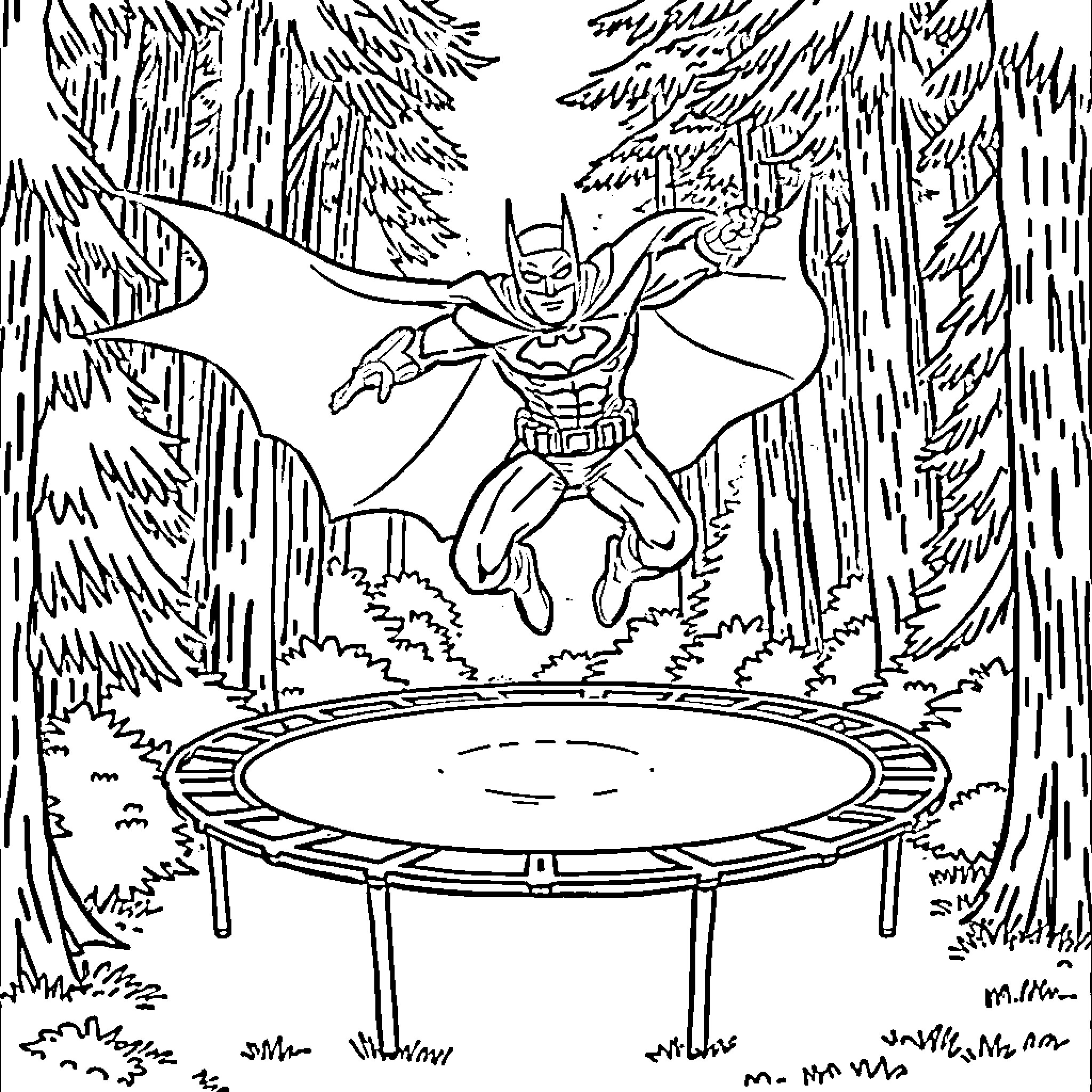 Batman swinging through the forest on a trampoline Coloring Page (free black-and-white line drawing printable PDF for all, from beginners to advanced learners, including children, teens, adults, and seniors)