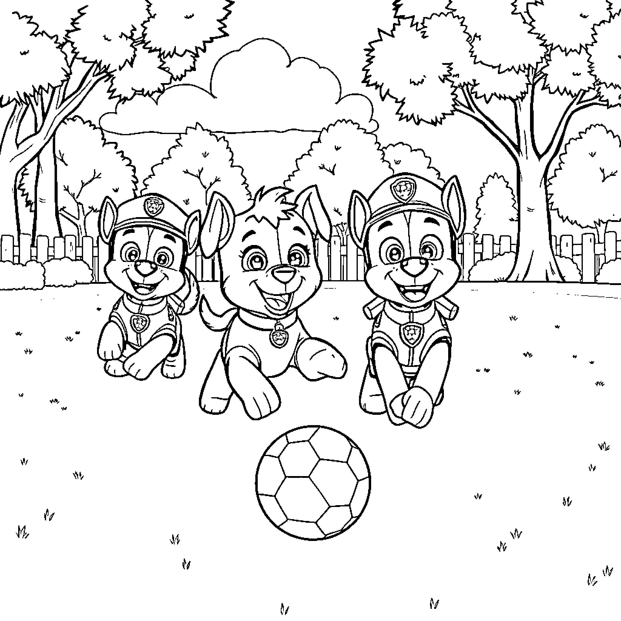 Paw Patrol Pups Playing Soccer in the Park Coloring Page (free black-and-white line drawing printable PDF for all, from beginners to advanced learners, including children, teens, adults, and seniors)