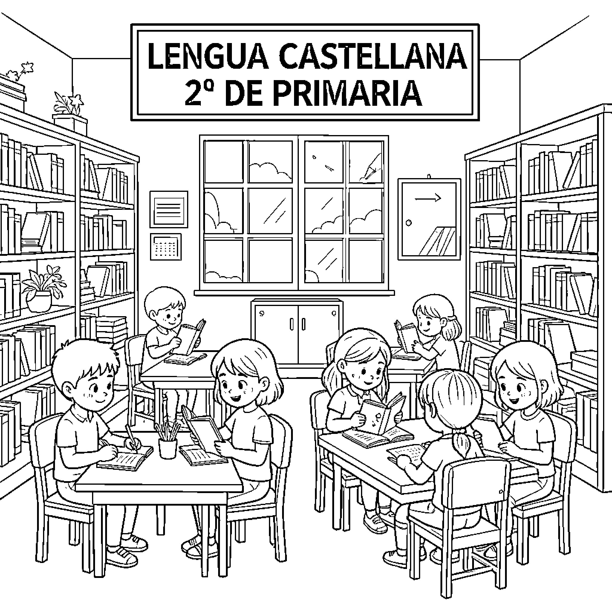 Niños leyendo y escribiendo en un aula de clase Coloring Page (free black-and-white line drawing printable PDF for all, from beginners to advanced learners, including children, teens, adults, and seniors)