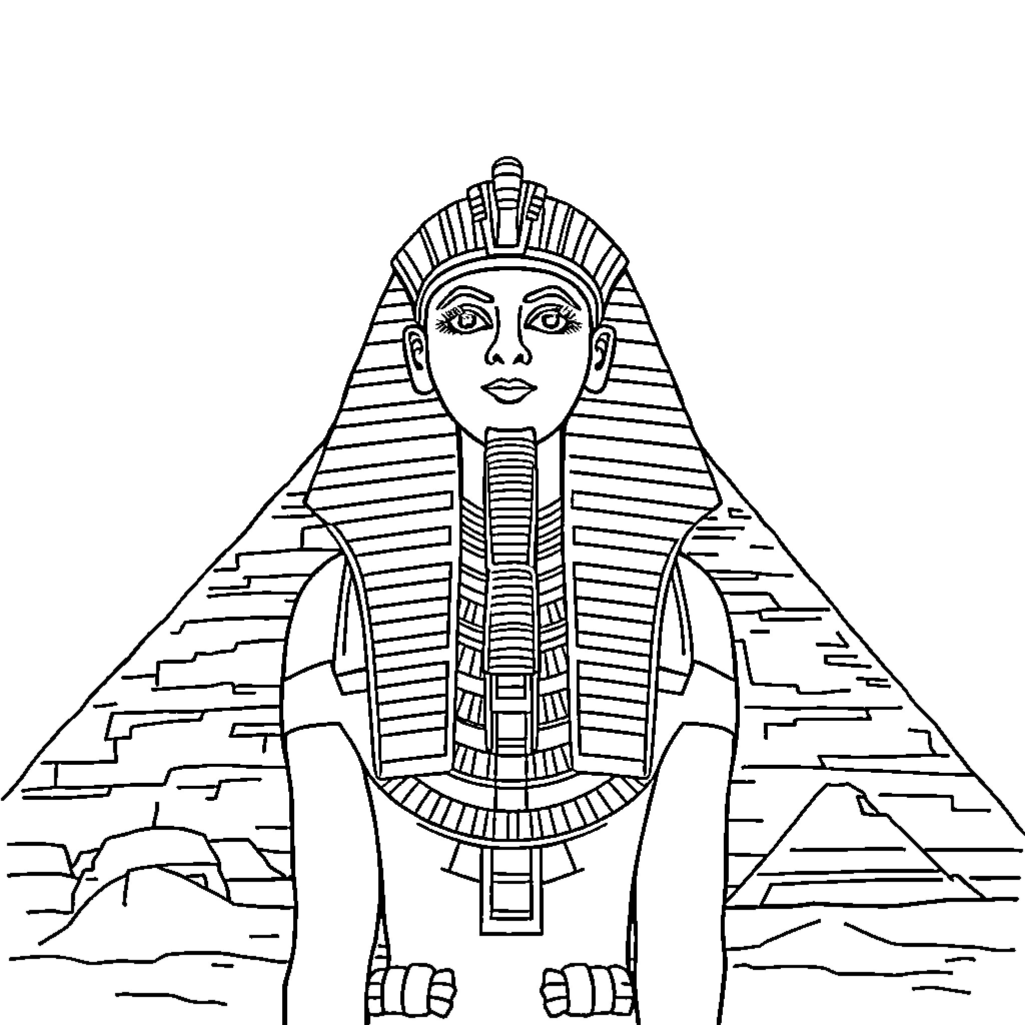 Pharaoh Posing Before the Pyramids Coloring Page (free black-and-white line drawing printable PDF for all, from beginners to advanced learners, including children, teens, adults, and seniors)
