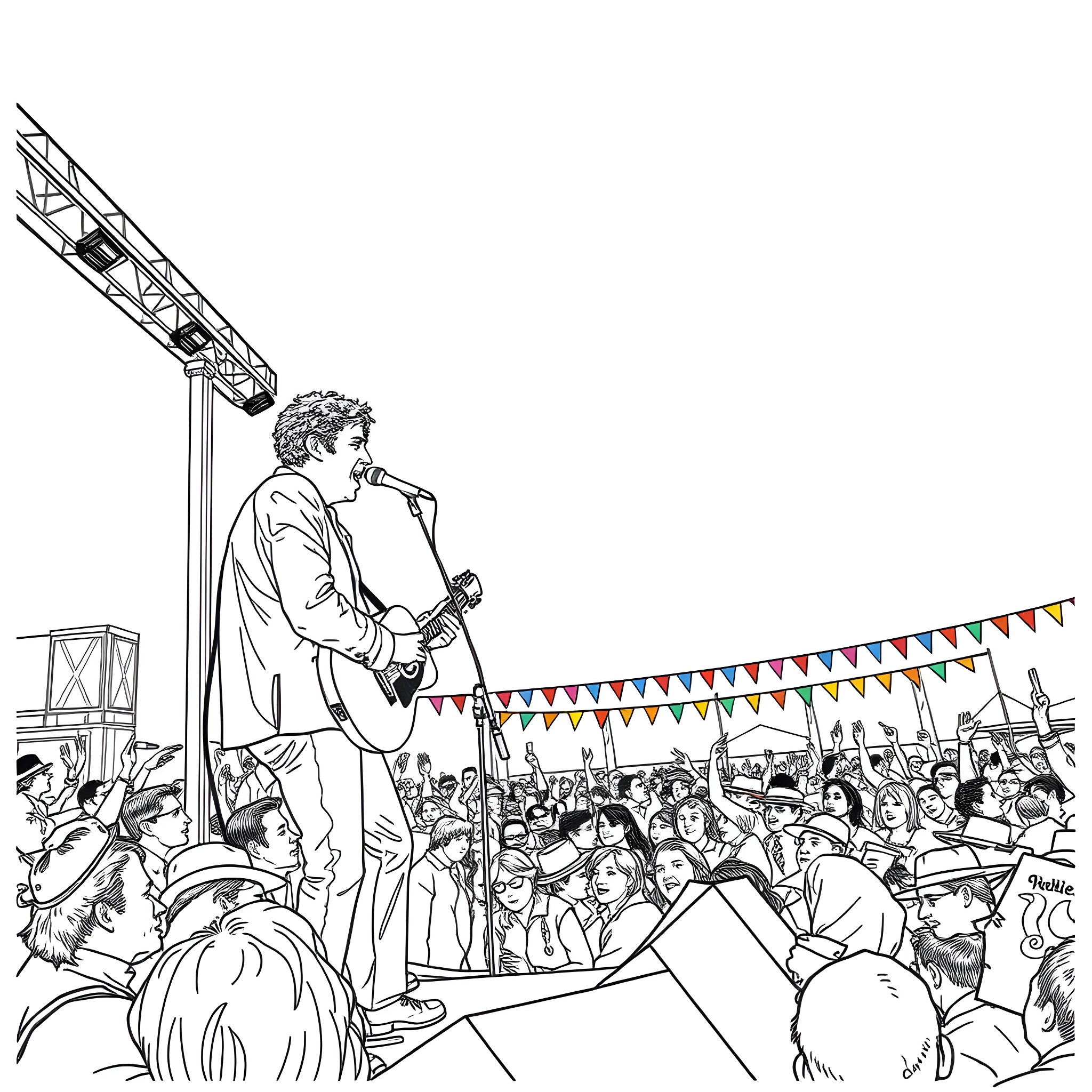 Bob Dylan performing at a lively outdoor music festival Coloring Page (free black-and-white line drawing printable PDF for all, from beginners to advanced learners, including children, teens, adults, and seniors)