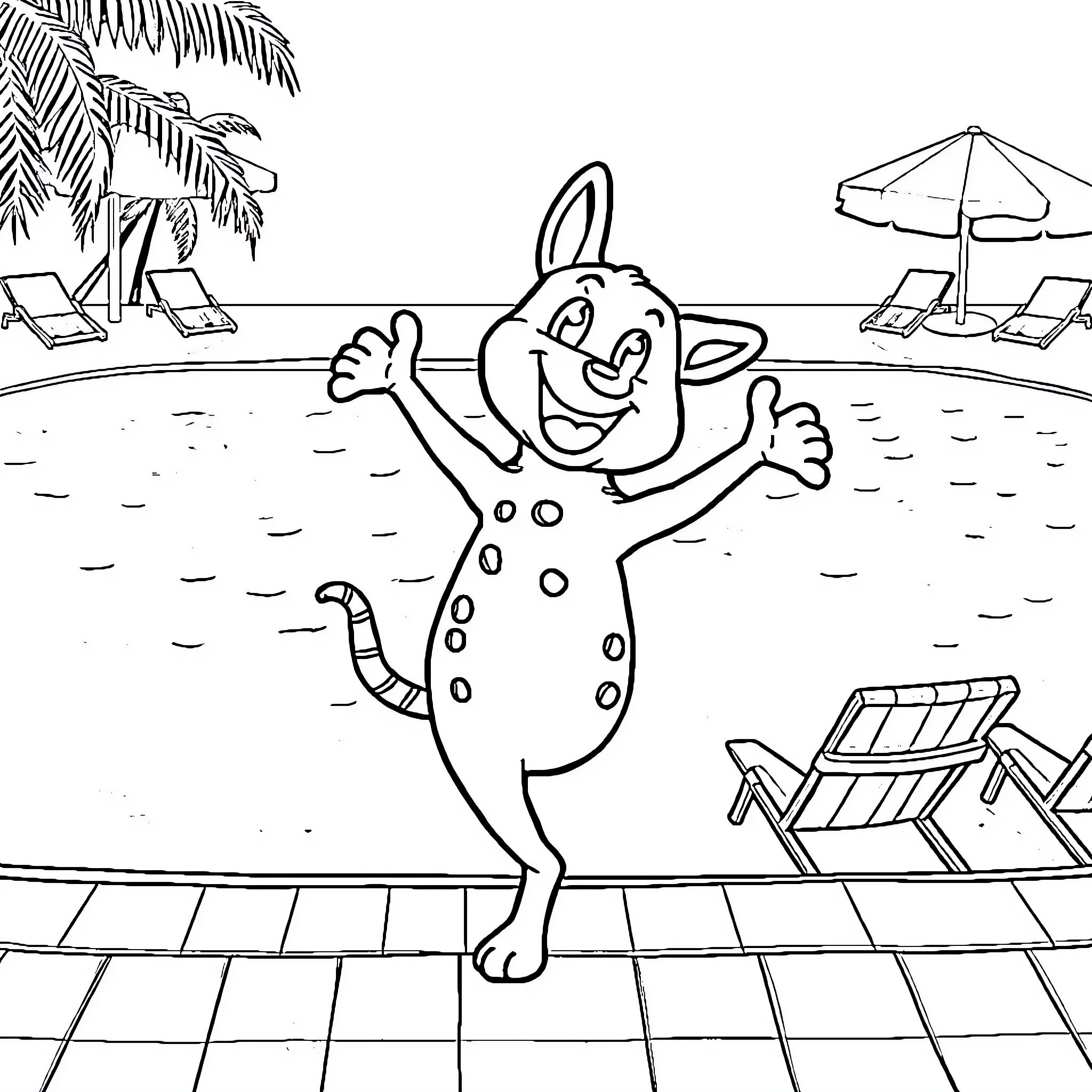 Labubu enjoying a day at the pool Coloring Page (free black-and-white line drawing printable PDF for all, from beginners to advanced learners, including children, teens, adults, and seniors)