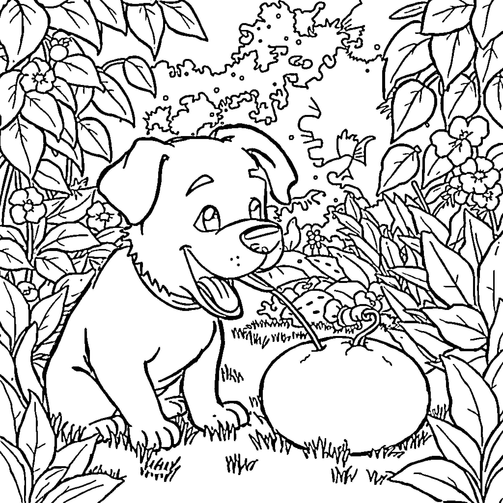 Dog exploring colorful garden Coloring Page (free black-and-white line drawing printable PDF for all, from beginners to advanced learners, including children, teens, adults, and seniors)