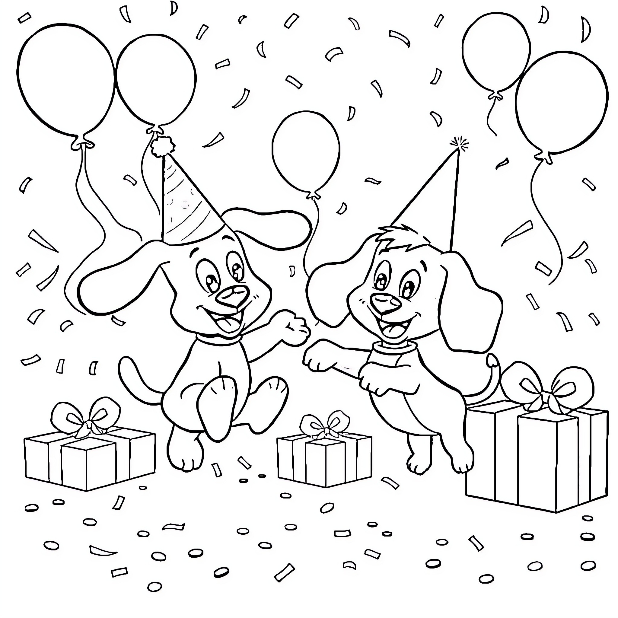 Blue and Bingo Celebrate with Balloons and Gifts Coloring Page (free black-and-white line drawing printable PDF for all, from beginners to advanced learners, including children, teens, adults, and seniors)