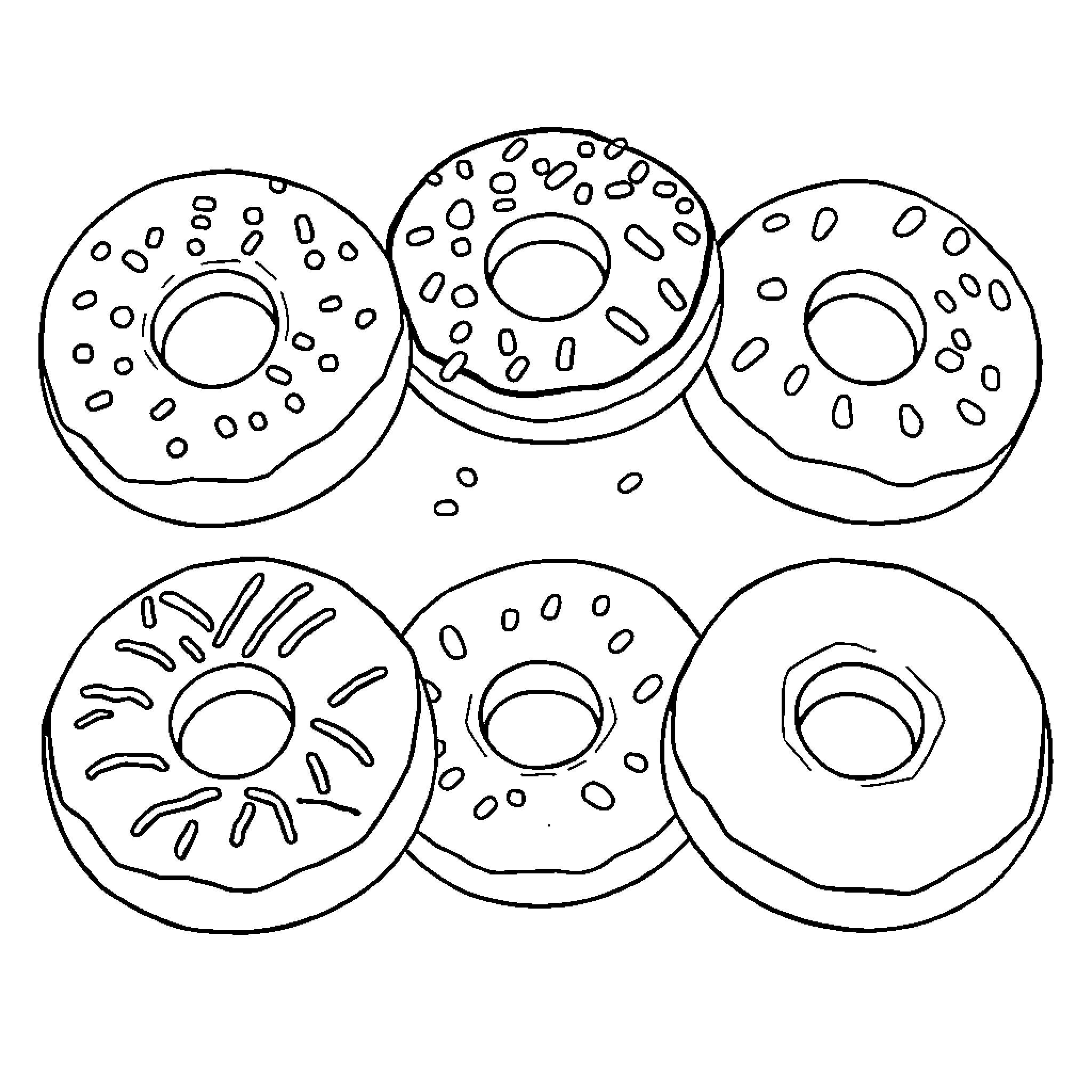 Donuts in various shapes and patterns Coloring Page (free black-and-white line drawing printable PDF for all, from beginners to advanced learners, including children, teens, adults, and seniors)