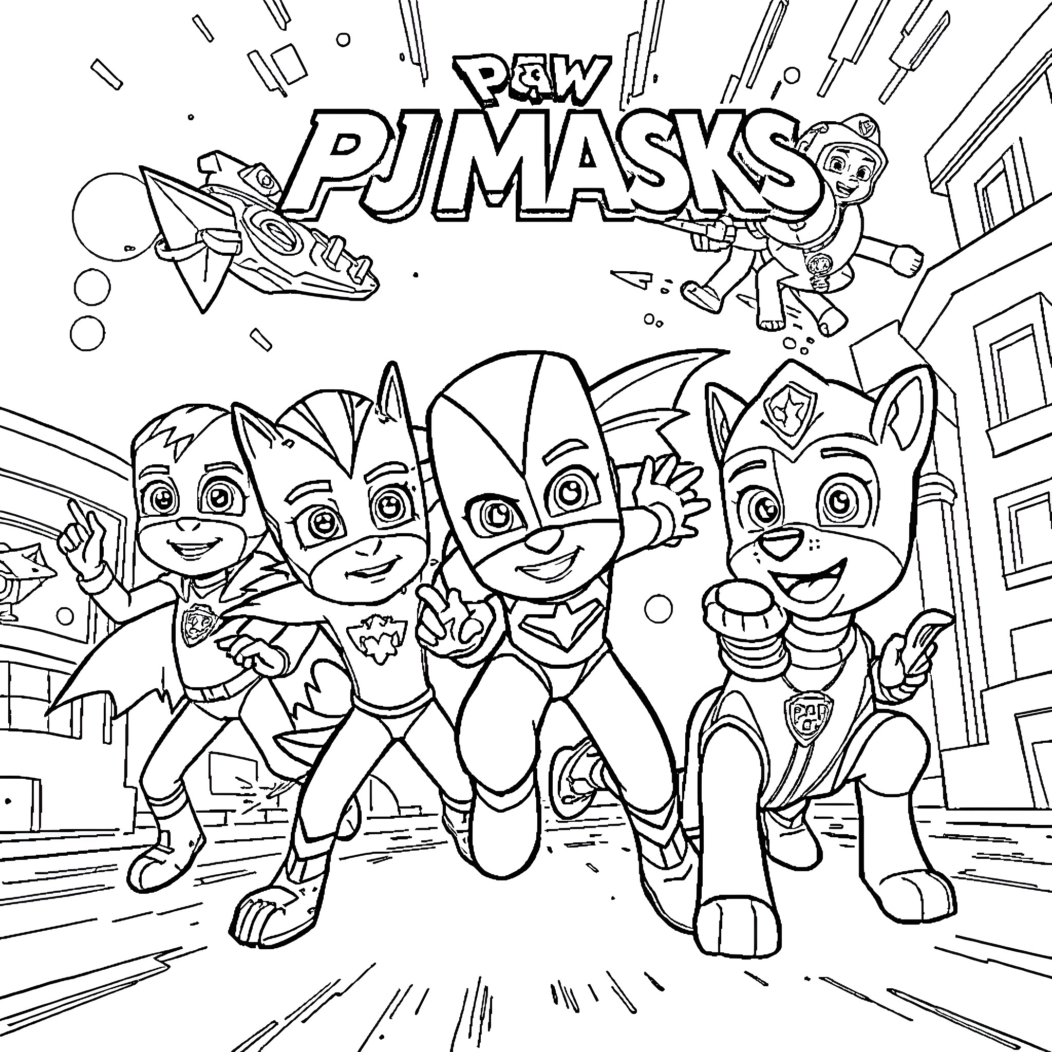 Pj Masks characters in action poses Coloring Page (free black-and-white line drawing printable PDF for all, from beginners to advanced learners, including children, teens, adults, and seniors)
