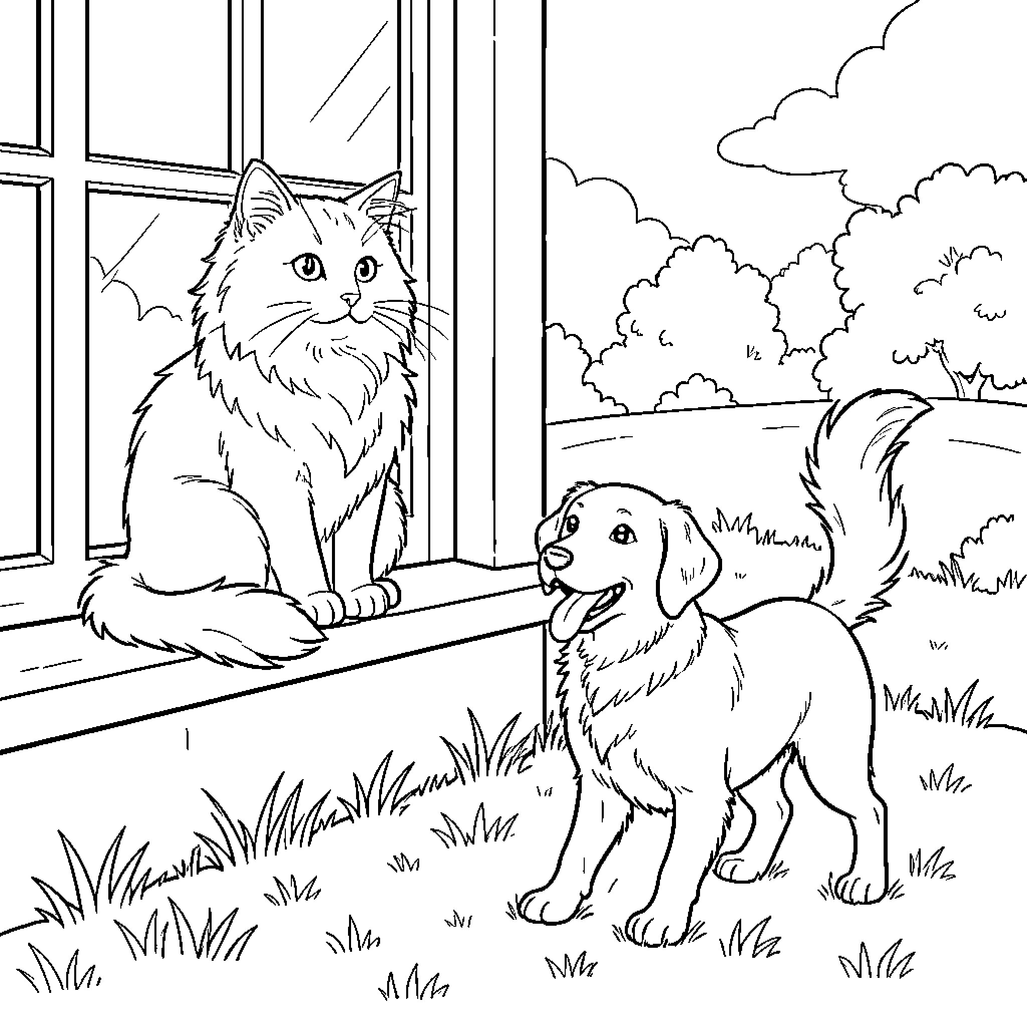 Cat and Dog Observing the Outdoors Together Coloring Page (free black-and-white line drawing printable PDF for all, from beginners to advanced learners, including children, teens, adults, and seniors)