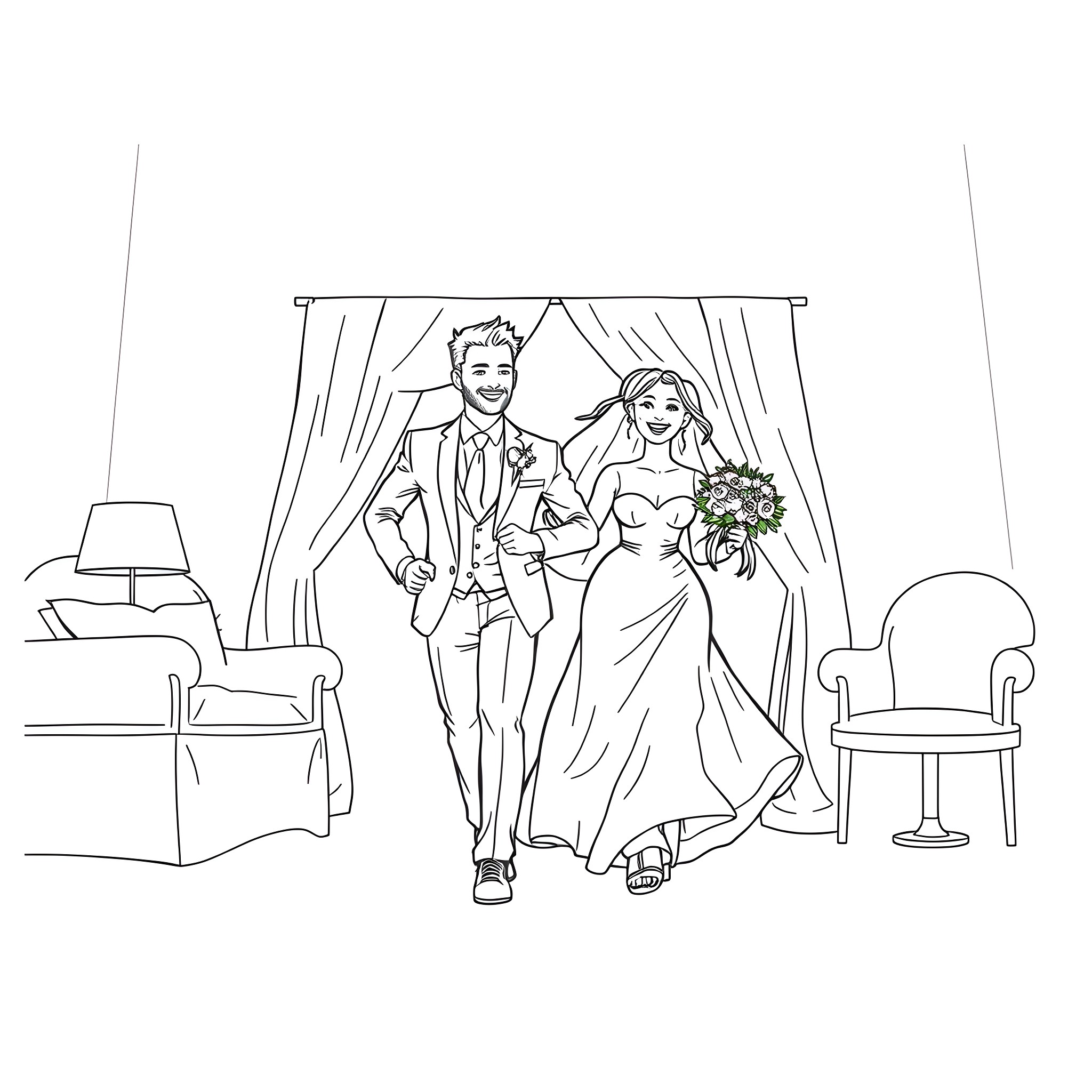 Husband and wife in formal wedding attire Coloring Page (free black-and-white line drawing printable PDF for all, from beginners to advanced learners, including children, teens, adults, and seniors)