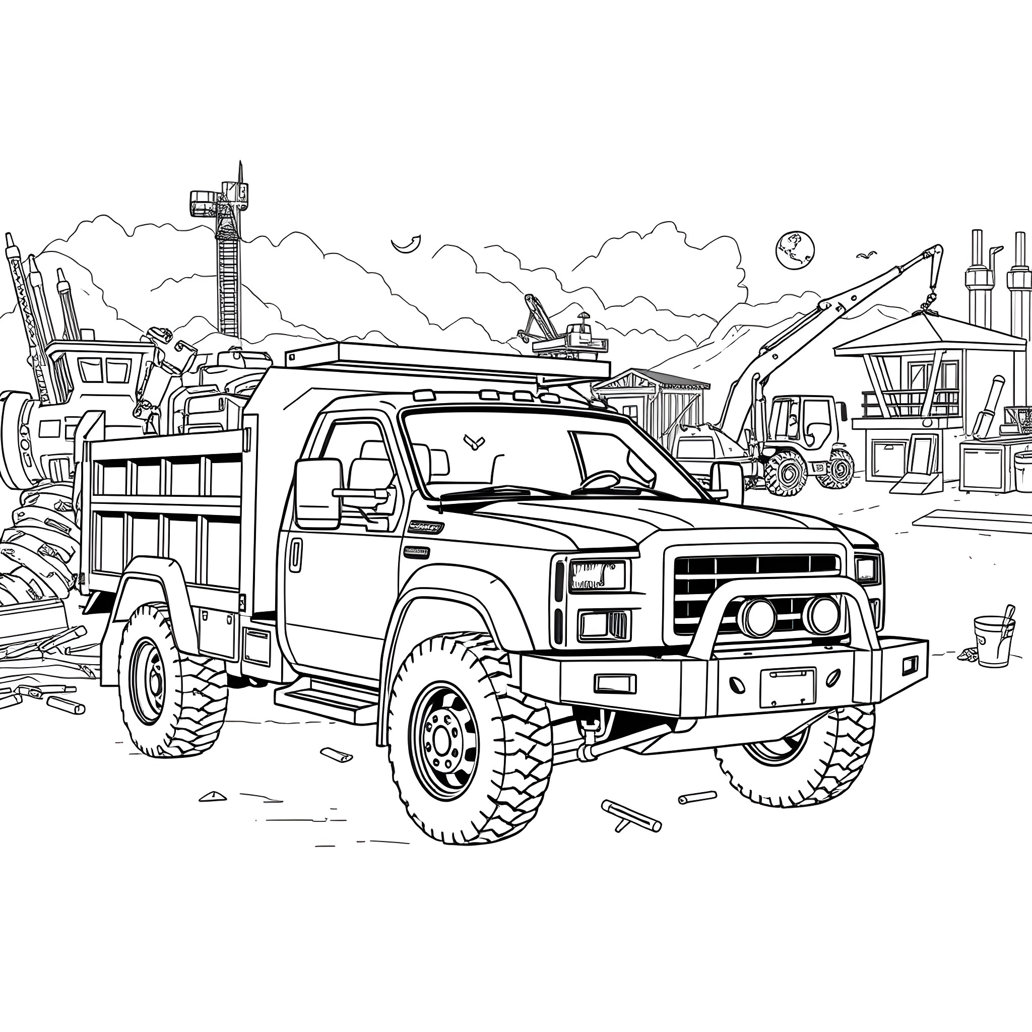 Truck at Construction Site with Heavy Equipment Coloring Page (free black-and-white line drawing printable PDF for all, from beginners to advanced learners, including children, teens, adults, and seniors)