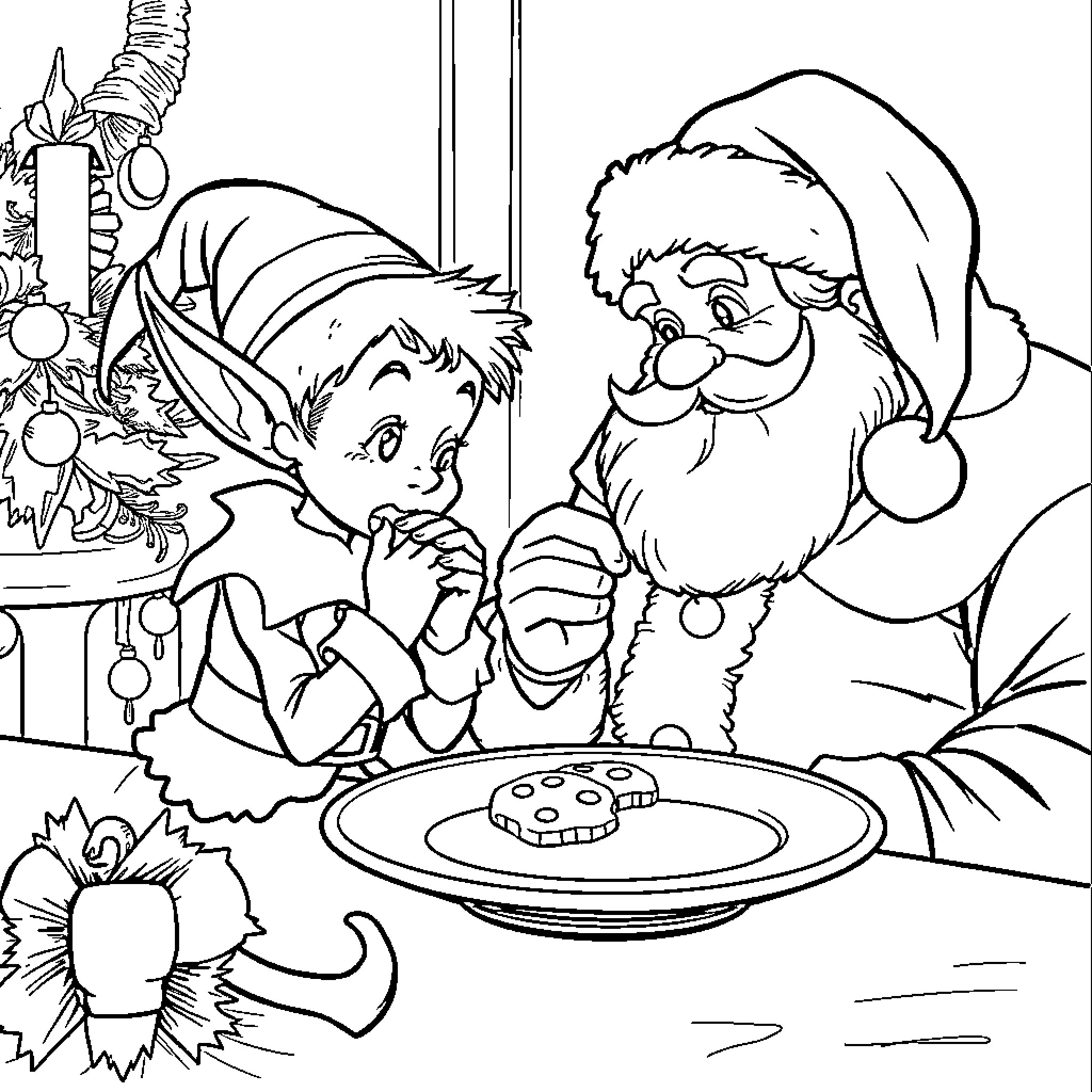 Elf and Santa enjoying holiday treats together Coloring Page (free black-and-white line drawing printable PDF for all, from beginners to advanced learners, including children, teens, adults, and seniors)