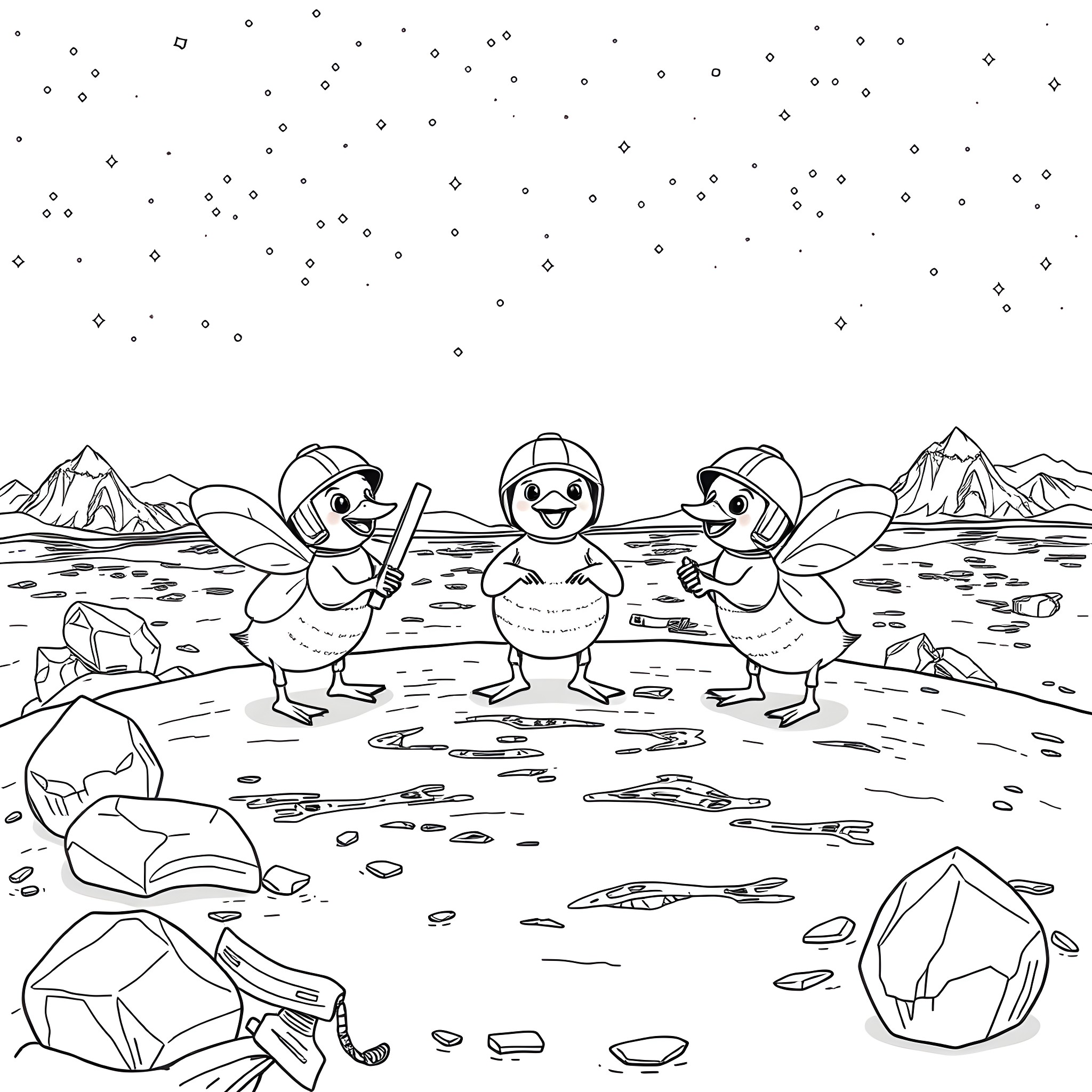 Bee friends playing in the winter wonderland Coloring Page (free black-and-white line drawing printable PDF for all, from beginners to advanced learners, including children, teens, adults, and seniors)