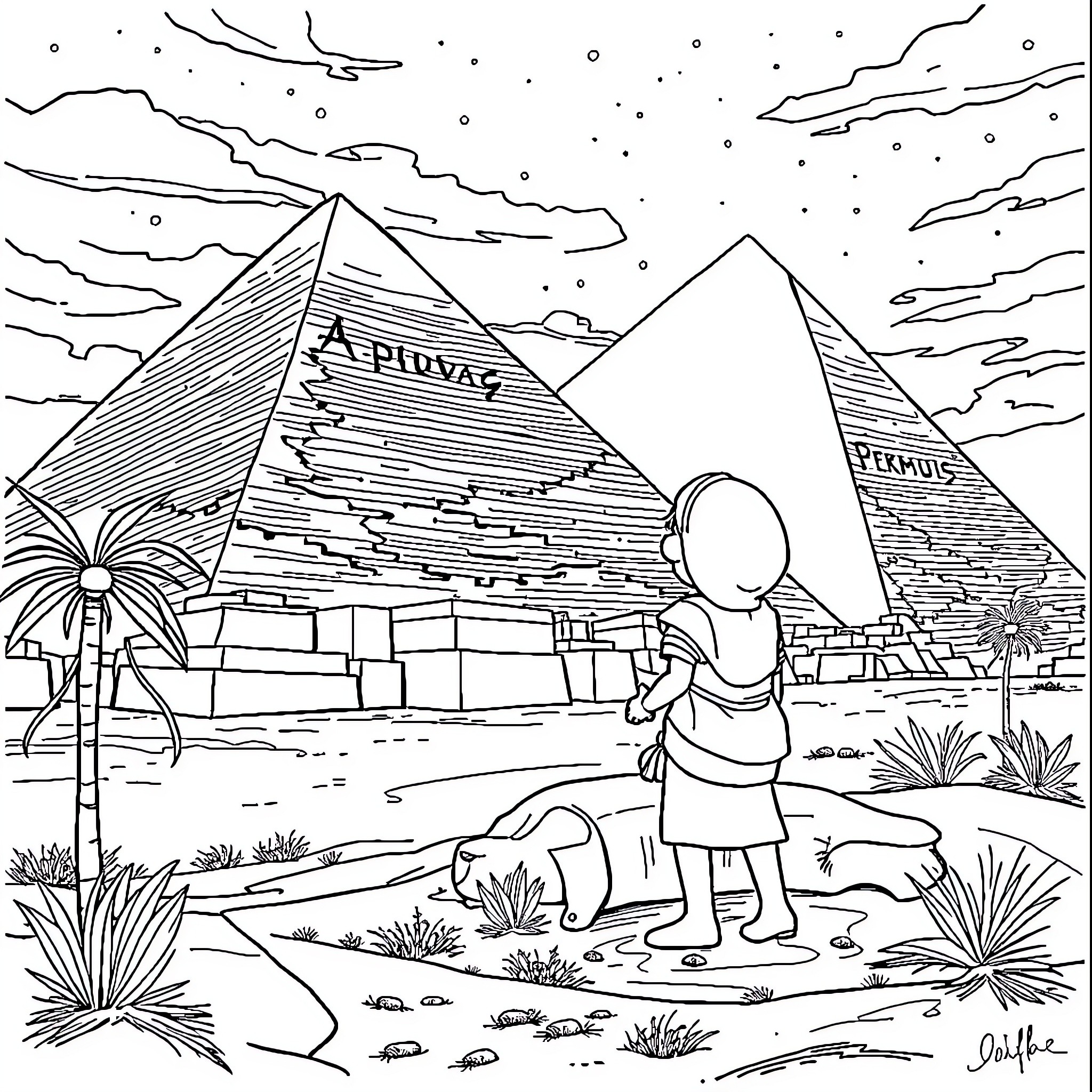 Seal exploring the Egyptian pyramids at night Coloring Page (free black-and-white line drawing printable PDF for all, from beginners to advanced learners, including children, teens, adults, and seniors)