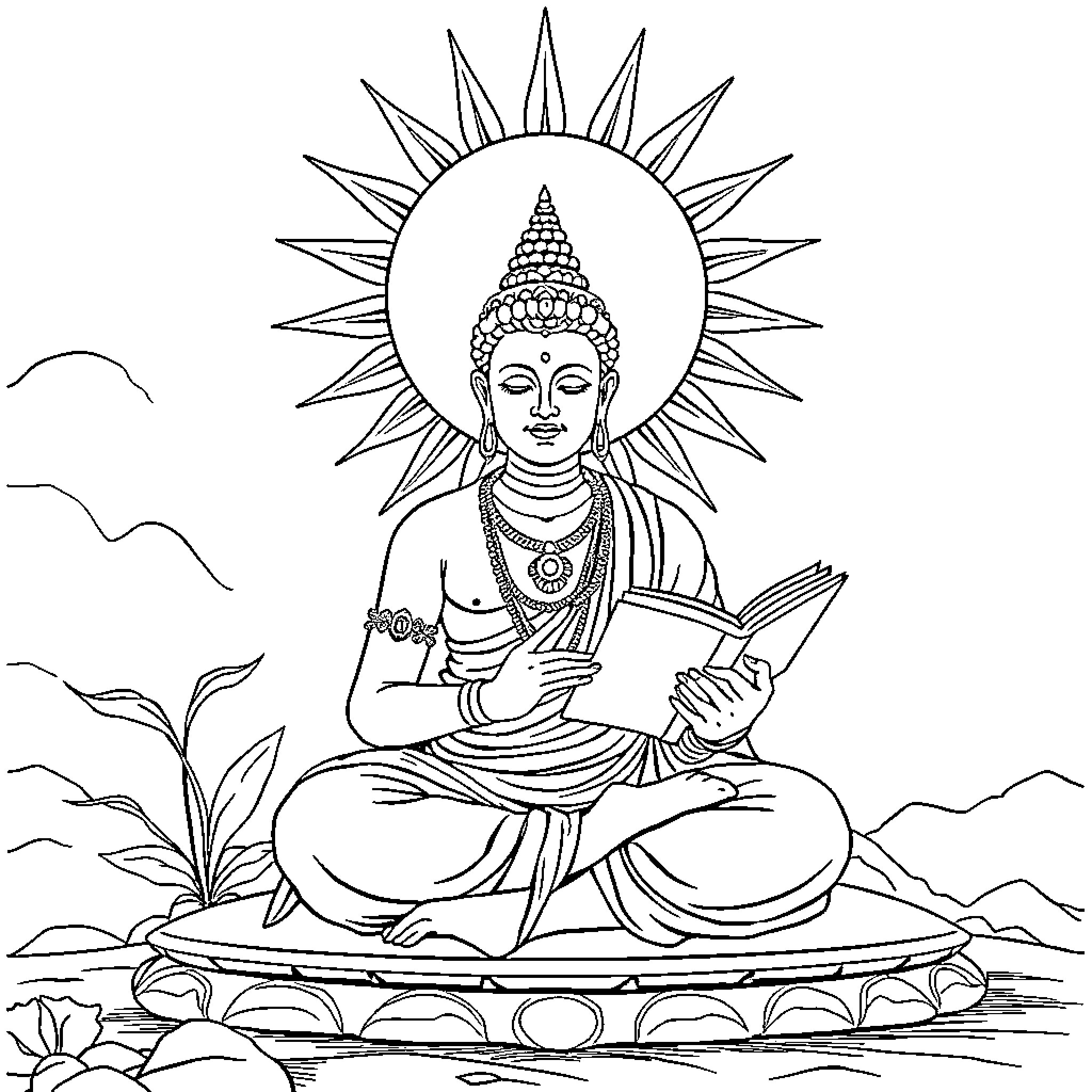 Vipradevta meditating with sacred text in serene nature Coloring Page (free black-and-white line drawing printable PDF for all, from beginners to advanced learners, including children, teens, adults, and seniors)