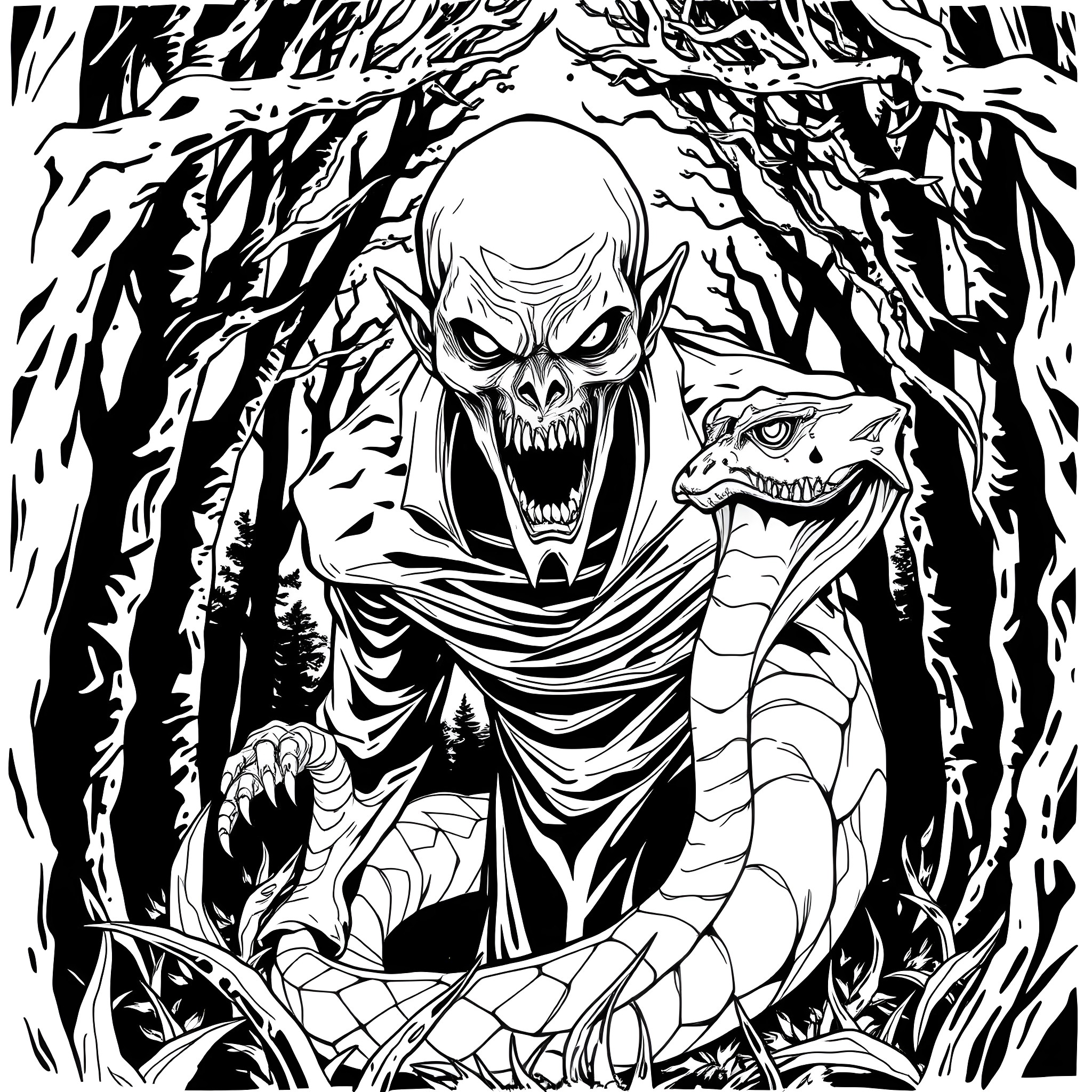Horror Character Terrorizing Forest with Reptilian Companion Coloring Page (free black-and-white line drawing printable PDF for all, from beginners to advanced learners, including children, teens, adults, and seniors)