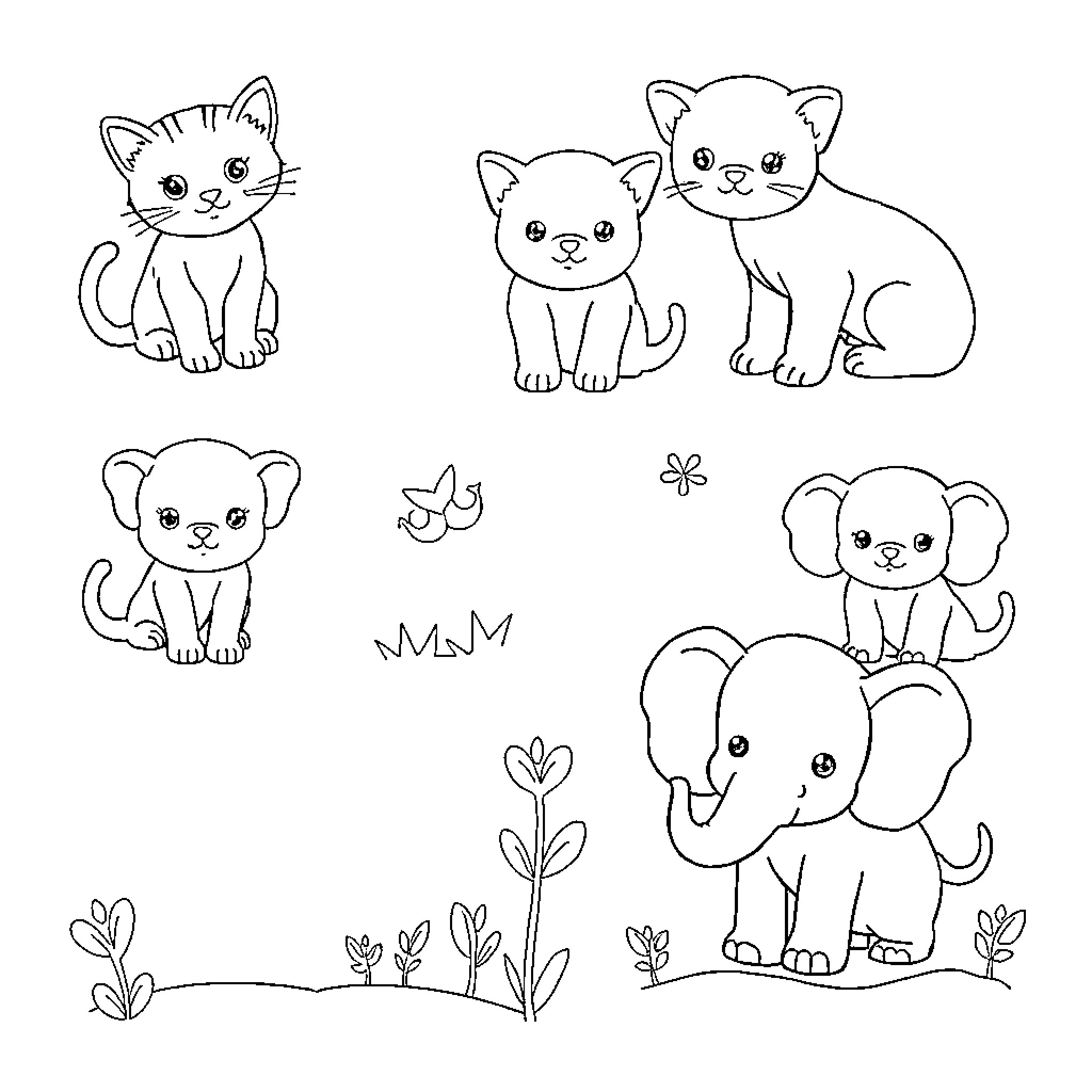 Animal friends playing in nature Coloring Page (free black-and-white line drawing printable PDF for all, from beginners to advanced learners, including children, teens, adults, and seniors)