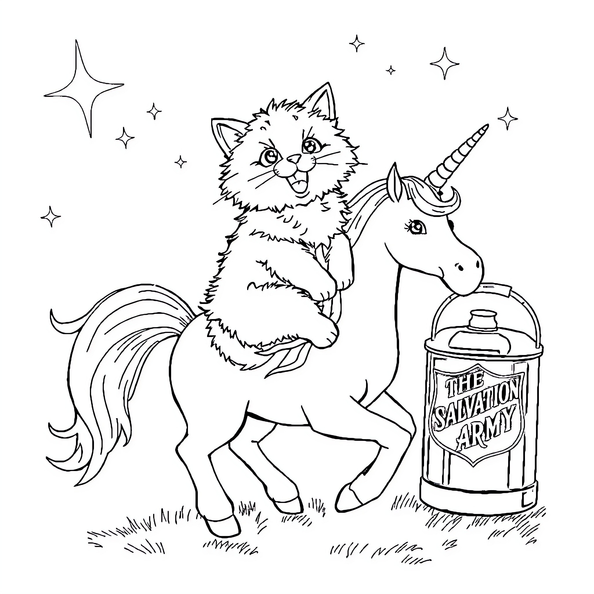 Cat riding a unicorn under the stars Coloring Page (free black-and-white line drawing printable PDF for all, from beginners to advanced learners, including children, teens, adults, and seniors)