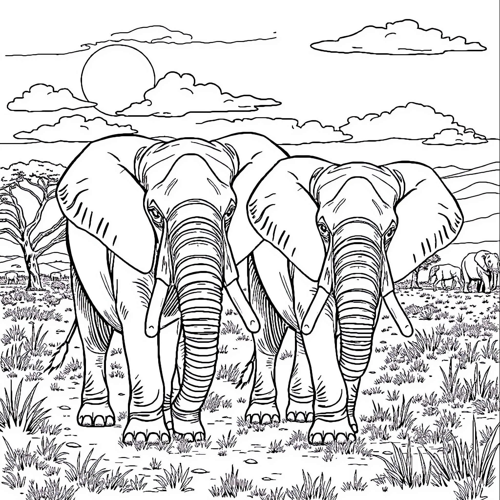 Elephant Duo Walking in Scenic Savanna Coloring Page (free black-and-white line drawing printable PDF for all, from beginners to advanced learners, including children, teens, adults, and seniors)