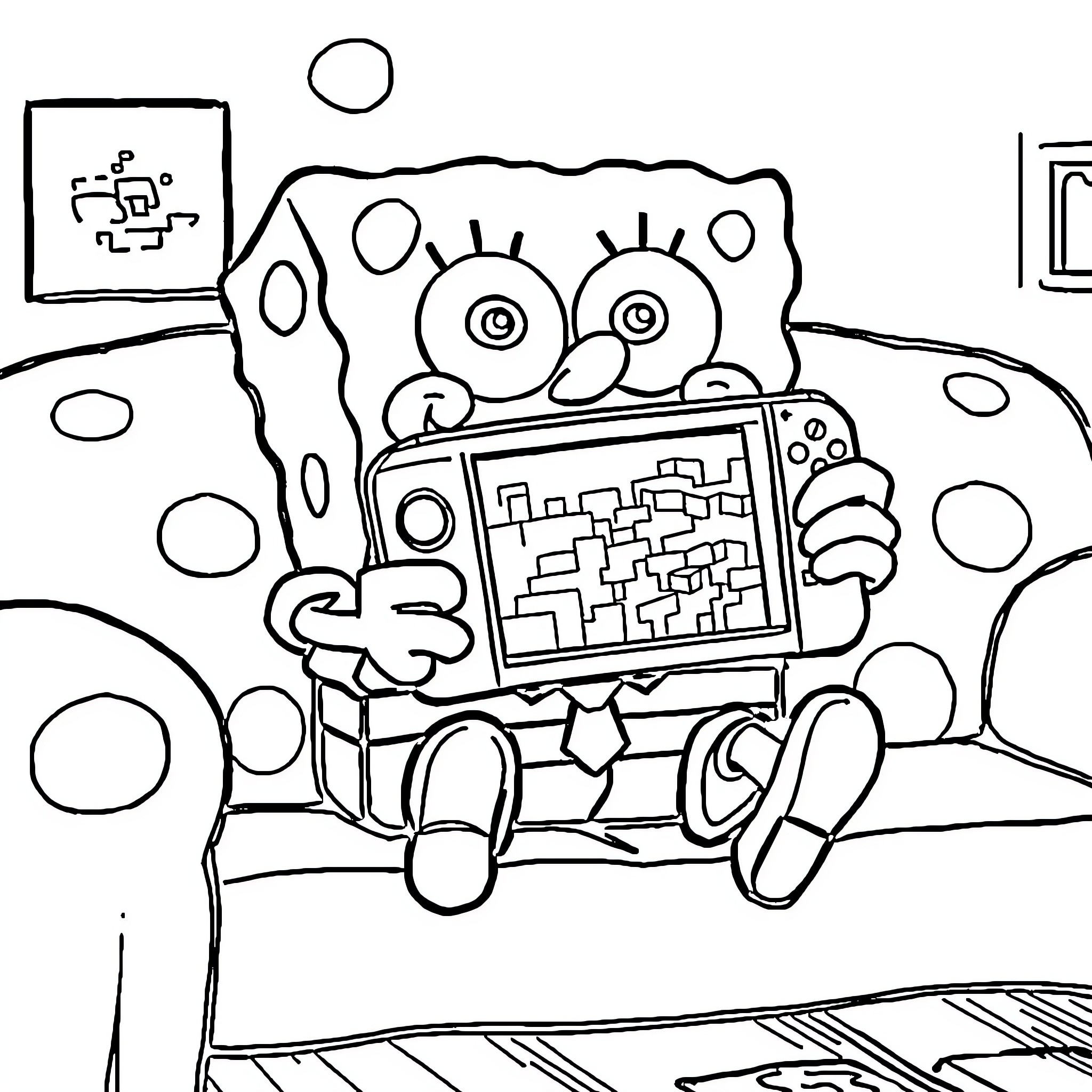 Spongebob playing video game in his underwater home Coloring Page (free black-and-white line drawing printable PDF for all, from beginners to advanced learners, including children, teens, adults, and seniors)