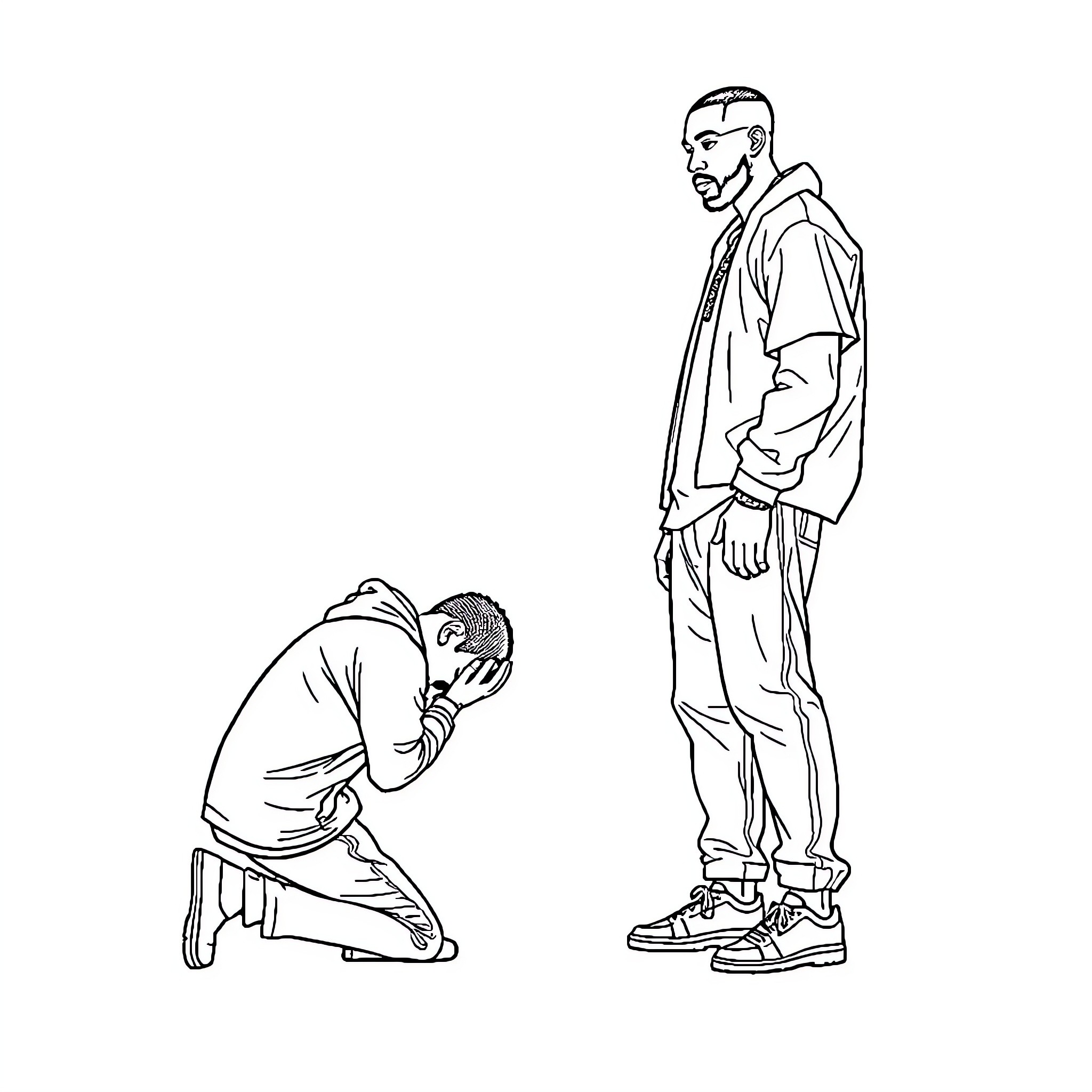Drake's Confrontation with a Kneeling Man Coloring Page (free black-and-white line drawing printable PDF for all, from beginners to advanced learners, including children, teens, adults, and seniors)