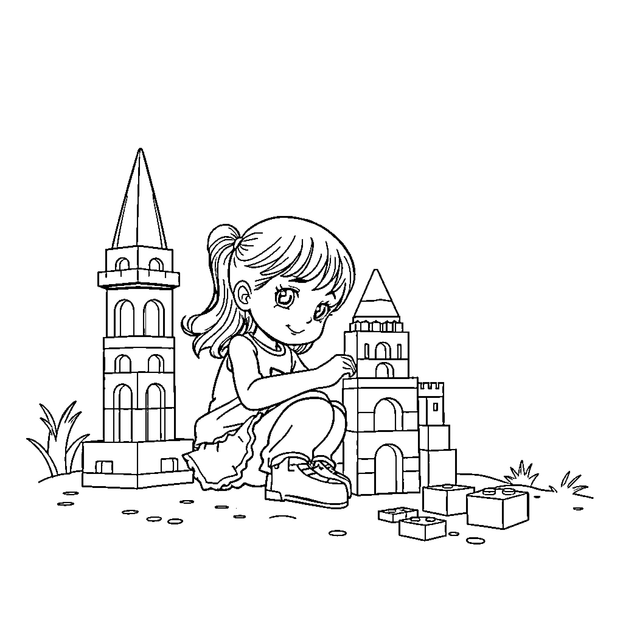 Fille building castles in the park Coloring Page (free black-and-white line drawing printable PDF for all, from beginners to advanced learners, including children, teens, adults, and seniors)