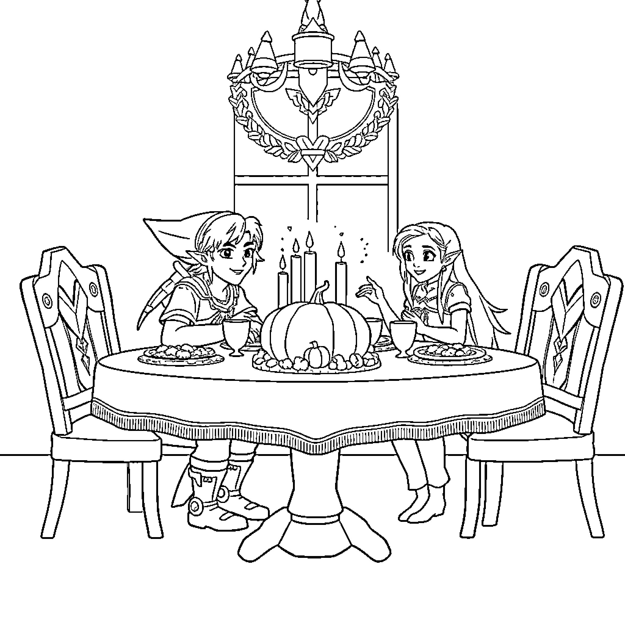 Link and friend enjoying a festive dinner Coloring Page (free black-and-white line drawing printable PDF for all, from beginners to advanced learners, including children, teens, adults, and seniors)