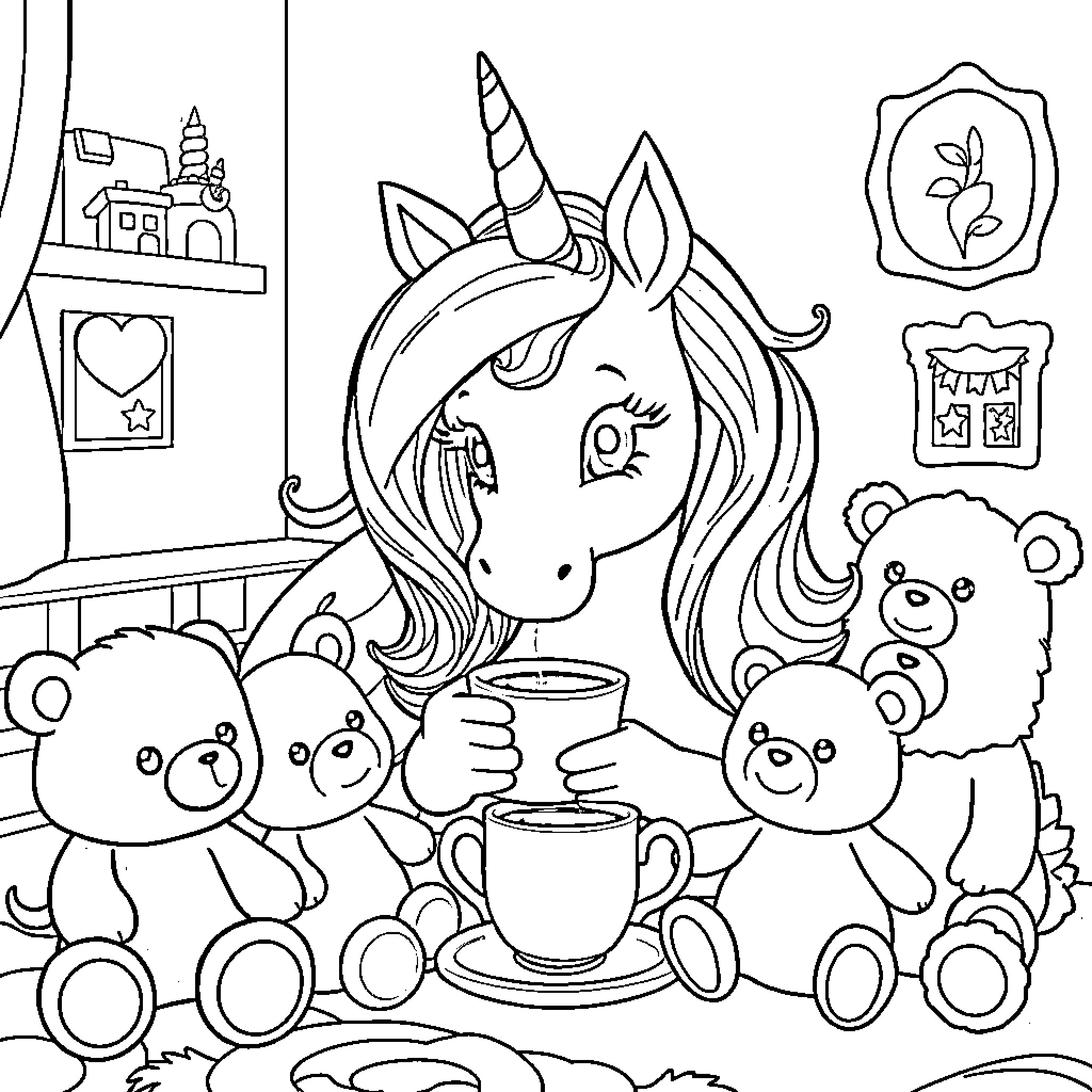 Unicorn enjoying a cozy tea party with plush friends Coloring Page (free black-and-white line drawing printable PDF for all, from beginners to advanced learners, including children, teens, adults, and seniors)