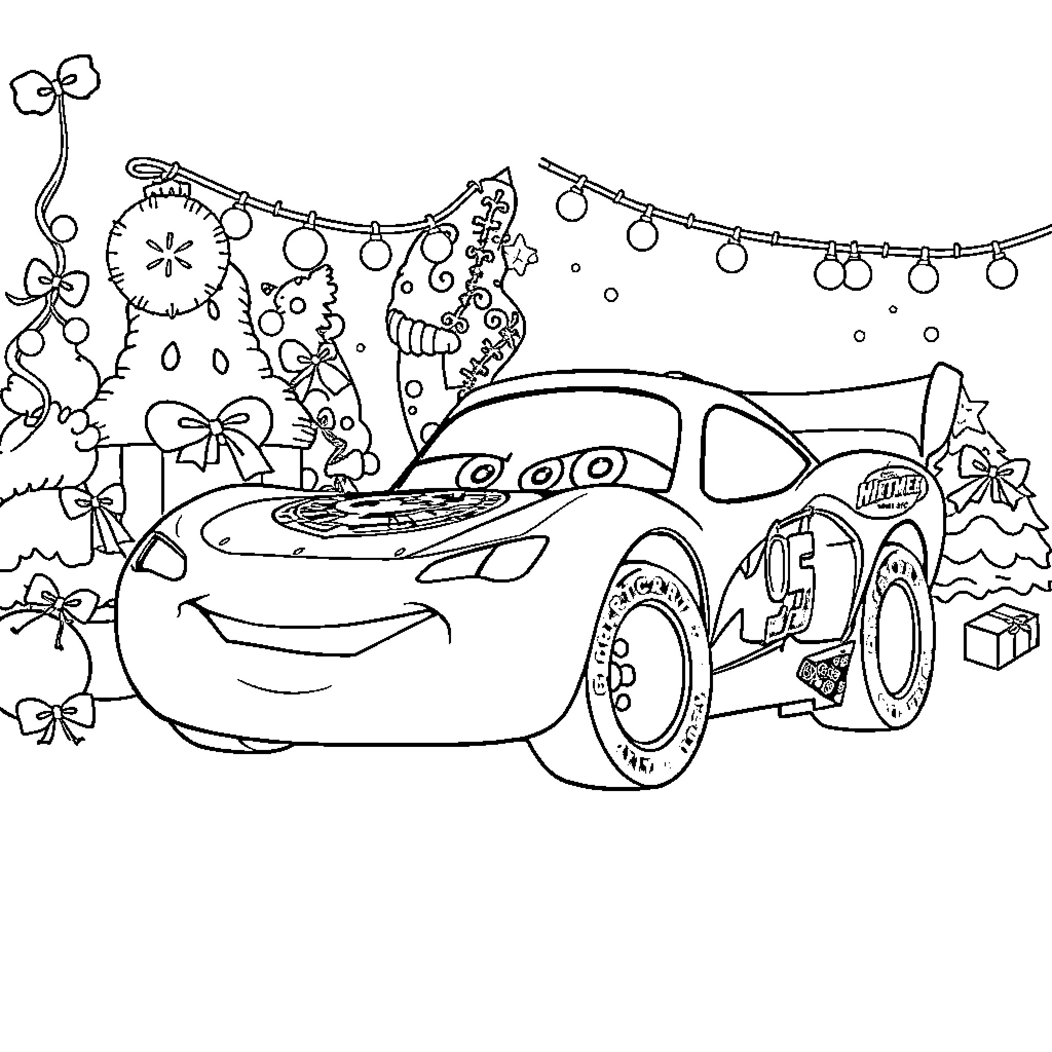Lightning McQueen celebrates the holidays with festive decorations Coloring Page (free black-and-white line drawing printable PDF for all, from beginners to advanced learners, including children, teens, adults, and seniors)