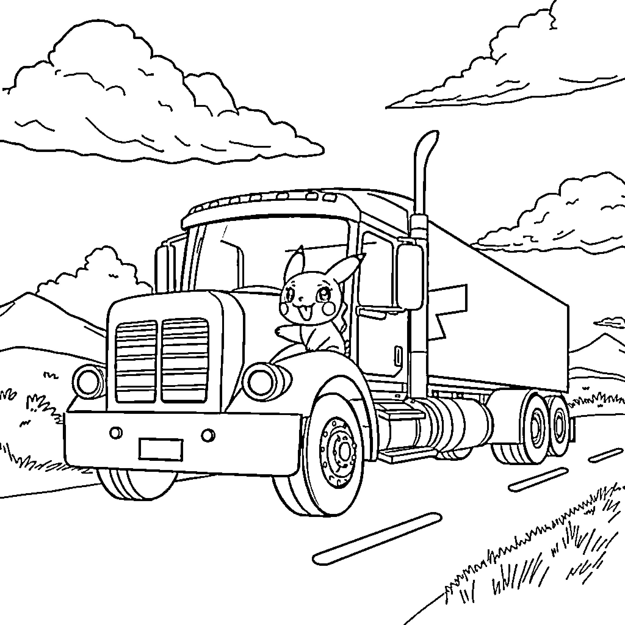 Pokémon Trucker Driving through the Countryside Coloring Page (free black-and-white line drawing printable PDF for all, from beginners to advanced learners, including children, teens, adults, and seniors)