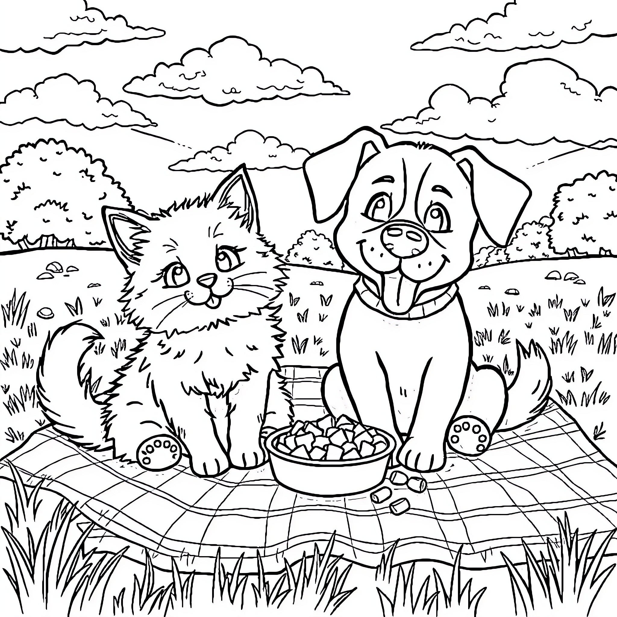 Cat and Dog Sharing a Picnic in the Park Coloring Page (free black-and-white line drawing printable PDF for all, from beginners to advanced learners, including children, teens, adults, and seniors)