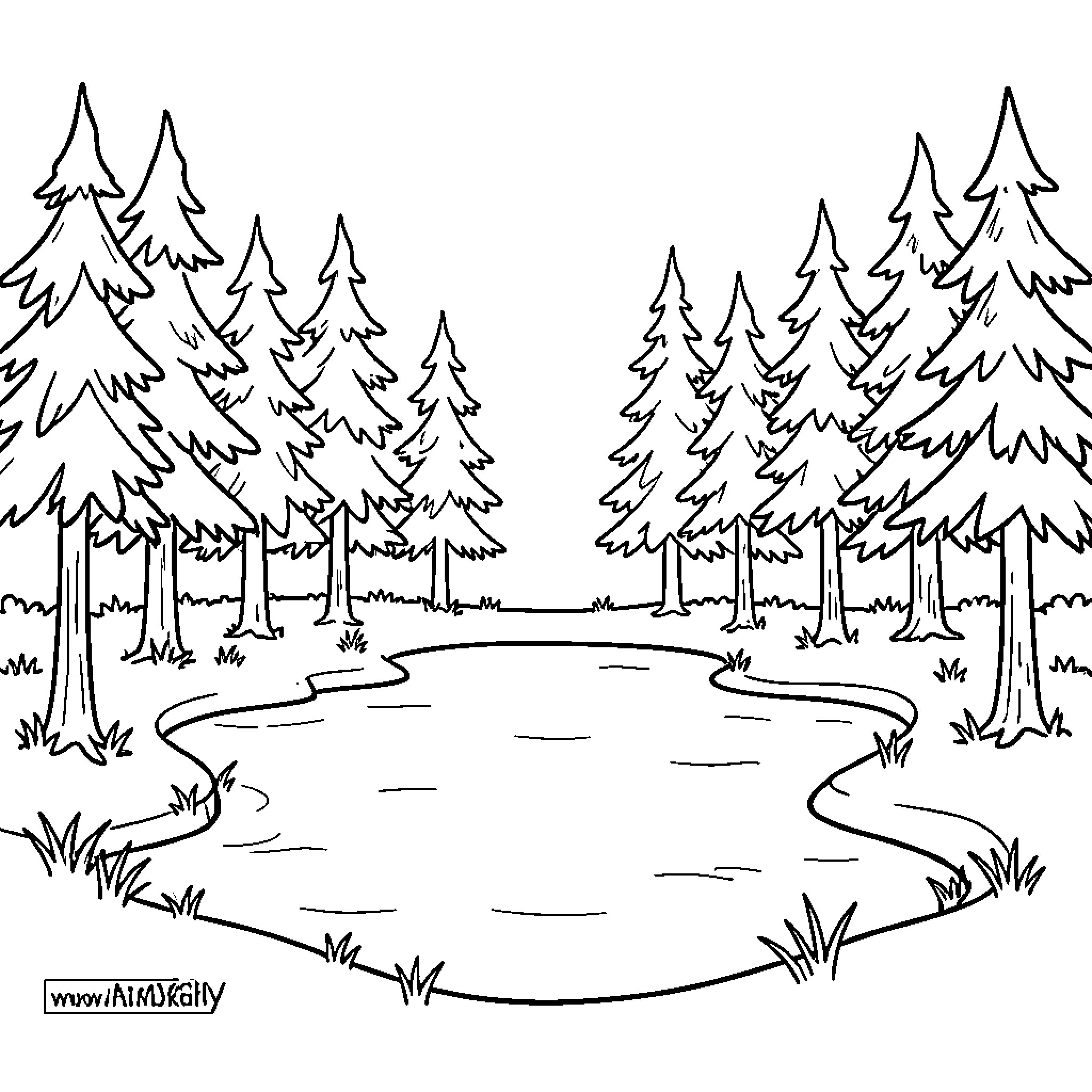 Lake surrounded by tall pine trees in nature Coloring Page (free black-and-white line drawing printable PDF for all, from beginners to advanced learners, including children, teens, adults, and seniors)