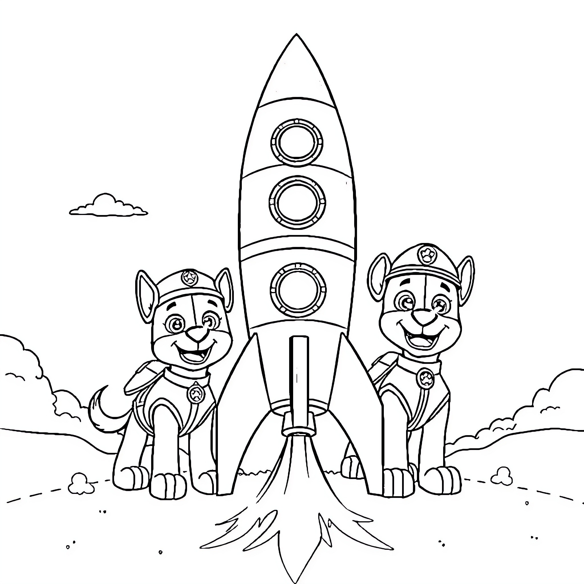 Paw Patrol Astronauts Explore Space Rocket Coloring Page (free black-and-white line drawing printable PDF for all, from beginners to advanced learners, including children, teens, adults, and seniors)