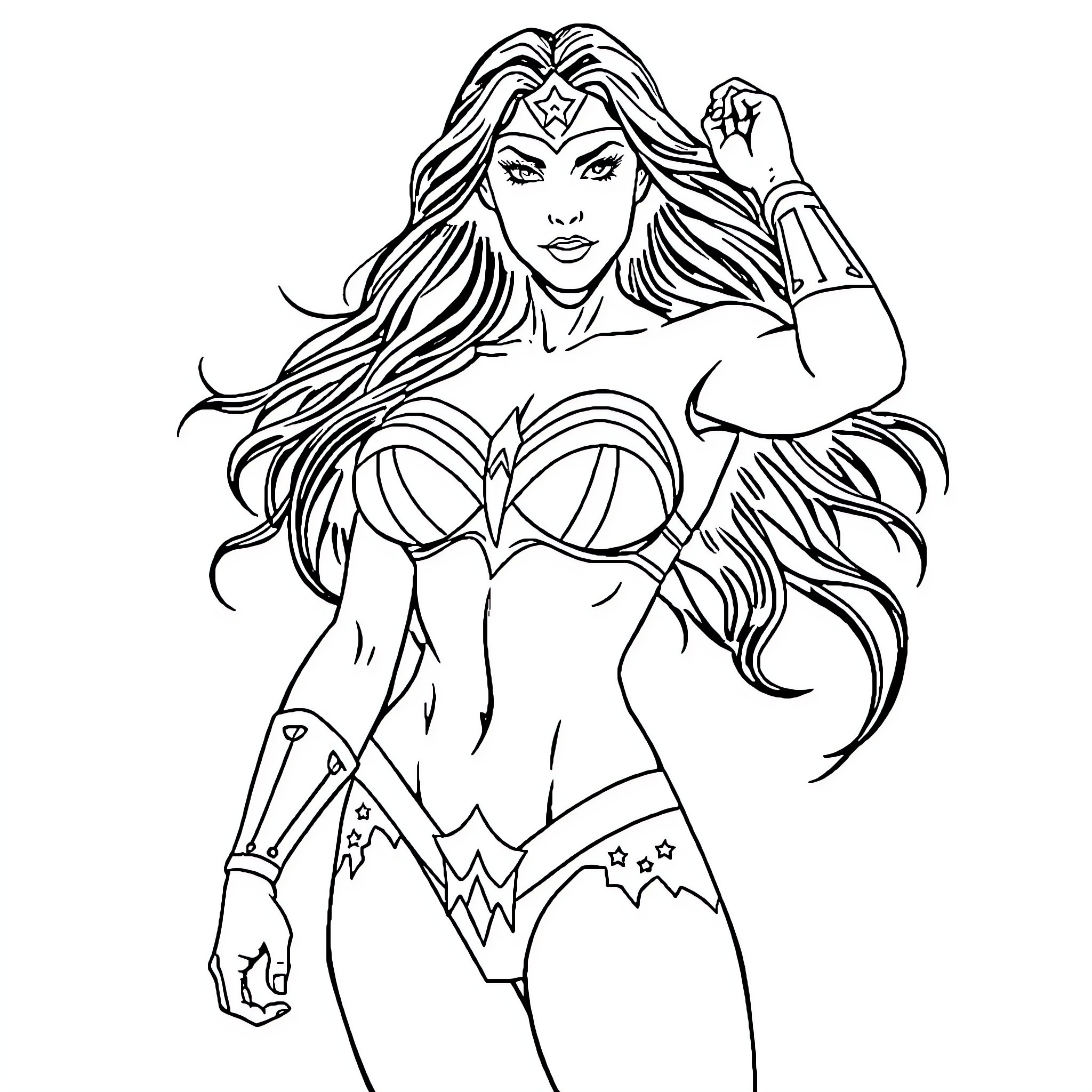 Wonder Woman in heroic battle pose Coloring Page (free black-and-white line drawing printable PDF for all, from beginners to advanced learners, including children, teens, adults, and seniors)