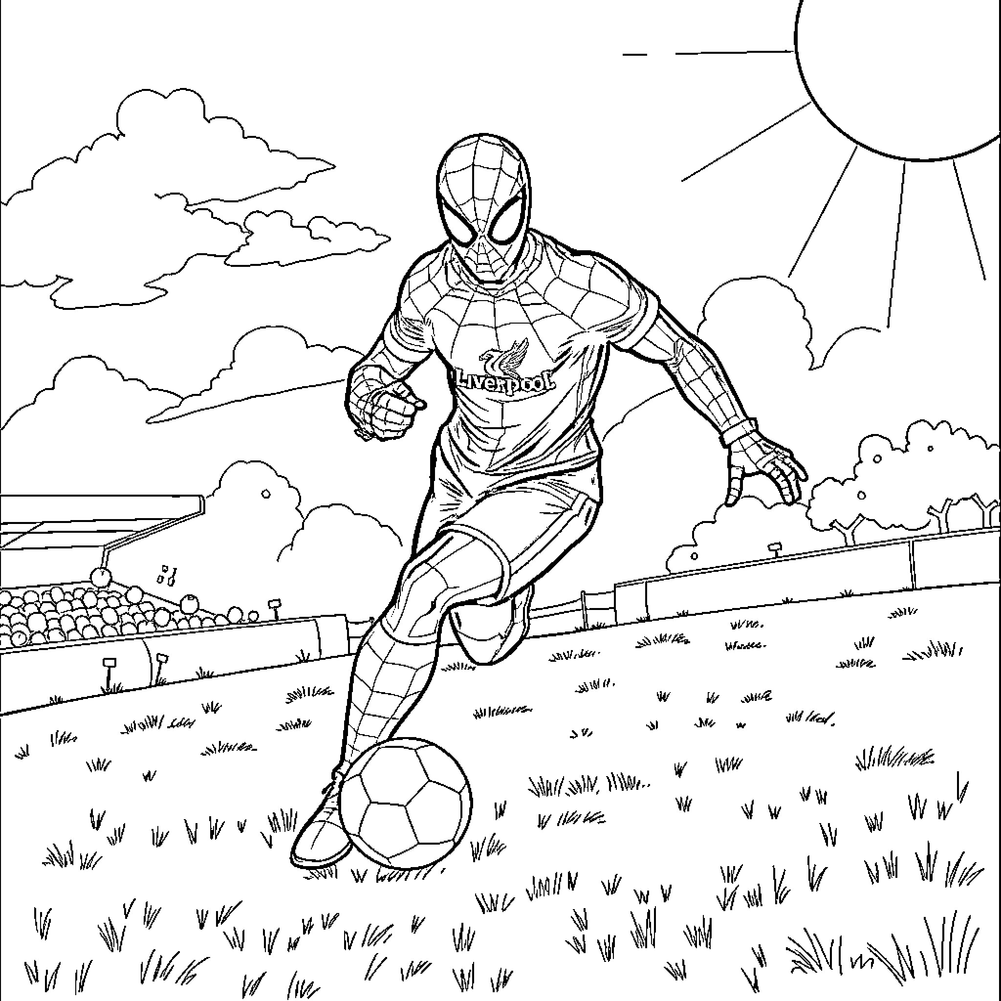 Spiderman playing soccer in the park Coloring Page (free black-and-white line drawing printable PDF for all, from beginners to advanced learners, including children, teens, adults, and seniors)