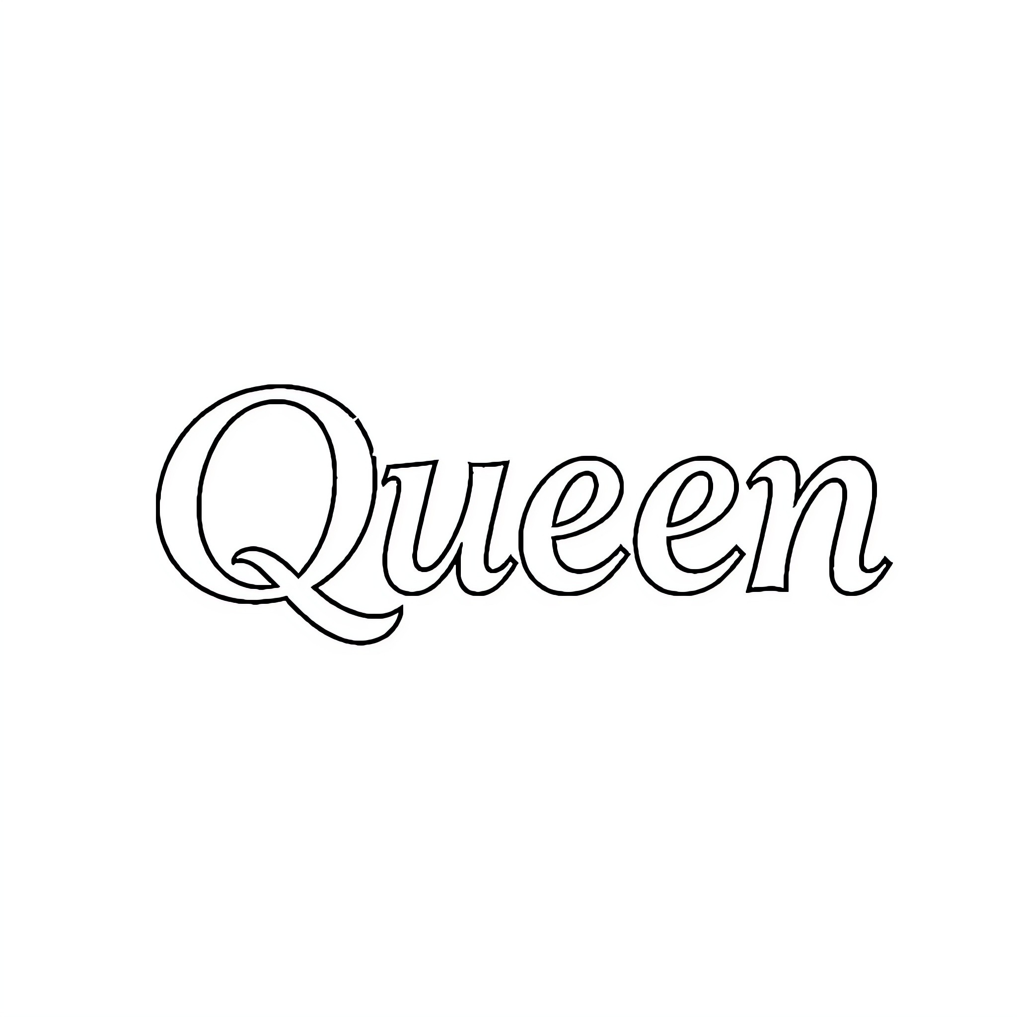 Queen Text Graphic Coloring Page (free black-and-white line drawing printable PDF for all, from beginners to advanced learners, including children, teens, adults, and seniors)