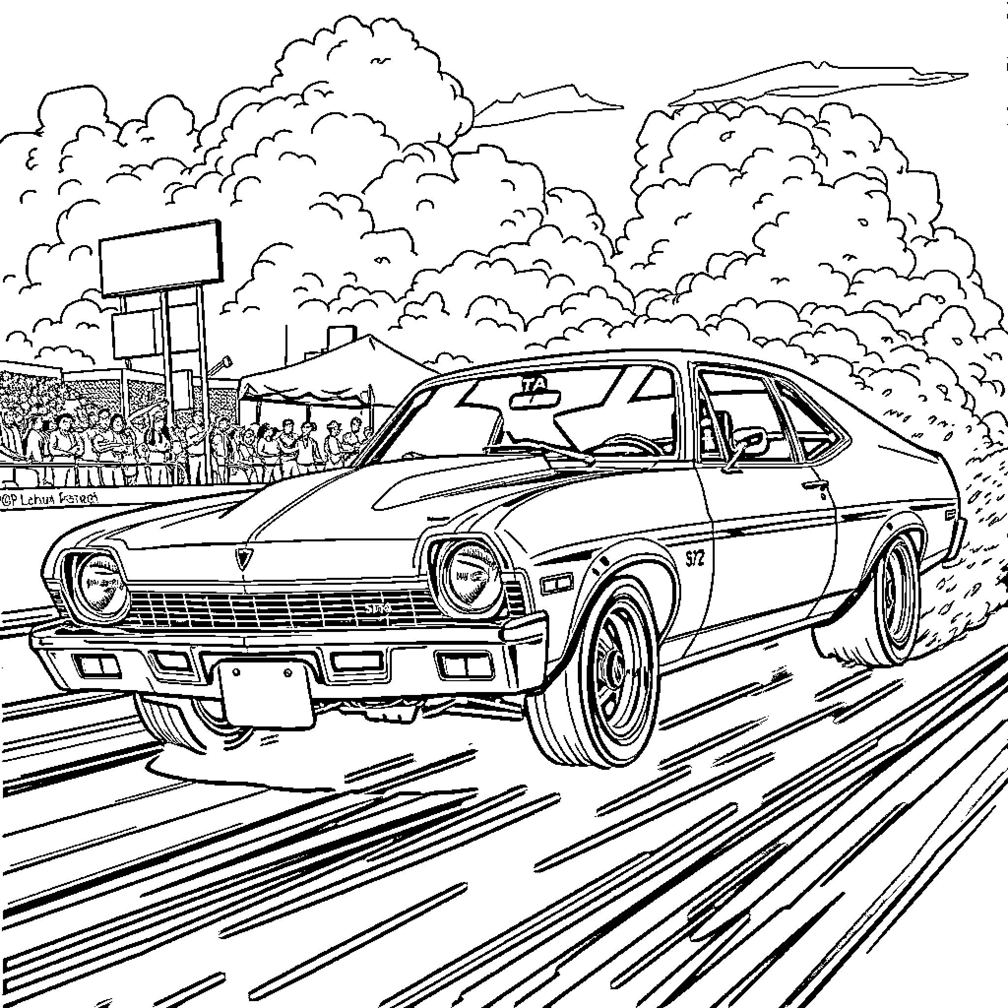 Nova speeding through the city streets Coloring Page (free black-and-white line drawing printable PDF for all, from beginners to advanced learners, including children, teens, adults, and seniors)