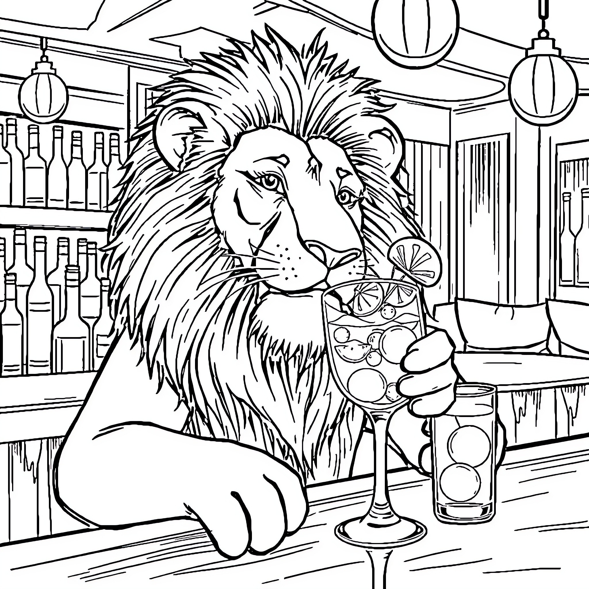 Lion enjoying a cocktail at the bar Coloring Page (free black-and-white line drawing printable PDF for all, from beginners to advanced learners, including children, teens, adults, and seniors)