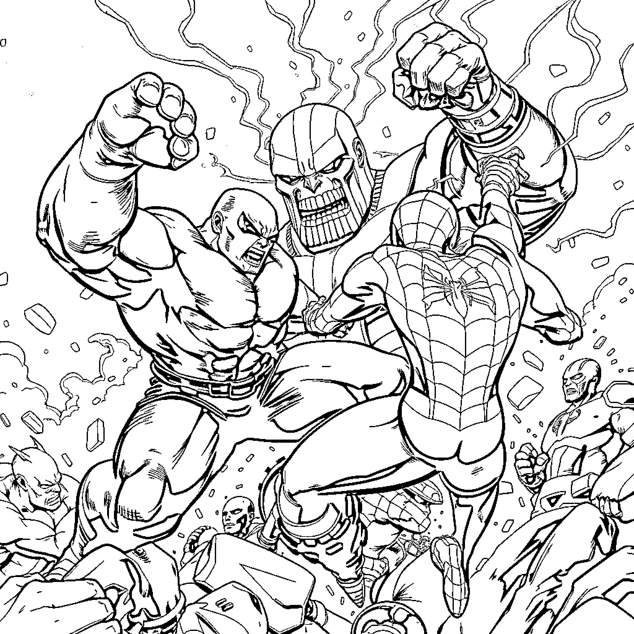 Hulk Confronts Superheroes in Intense Clash Coloring Page (free black-and-white line drawing printable PDF for all, from beginners to advanced learners, including children, teens, adults, and seniors)