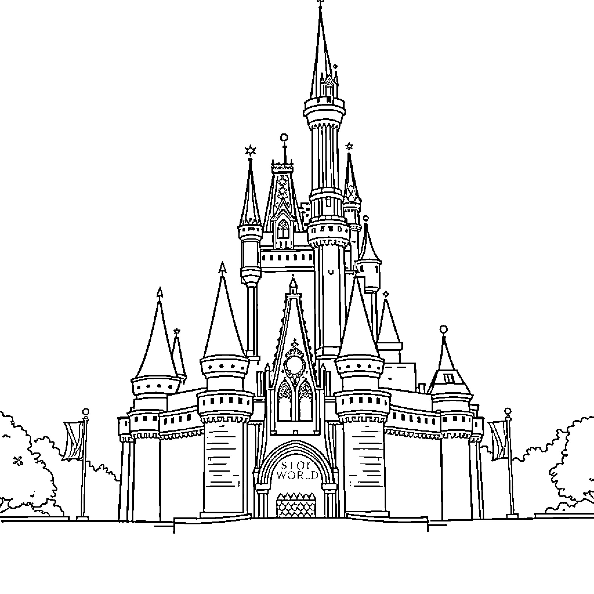 Castle of Majestic Architecture and Enchantment Coloring Page (free black-and-white line drawing printable PDF for all, from beginners to advanced learners, including children, teens, adults, and seniors)