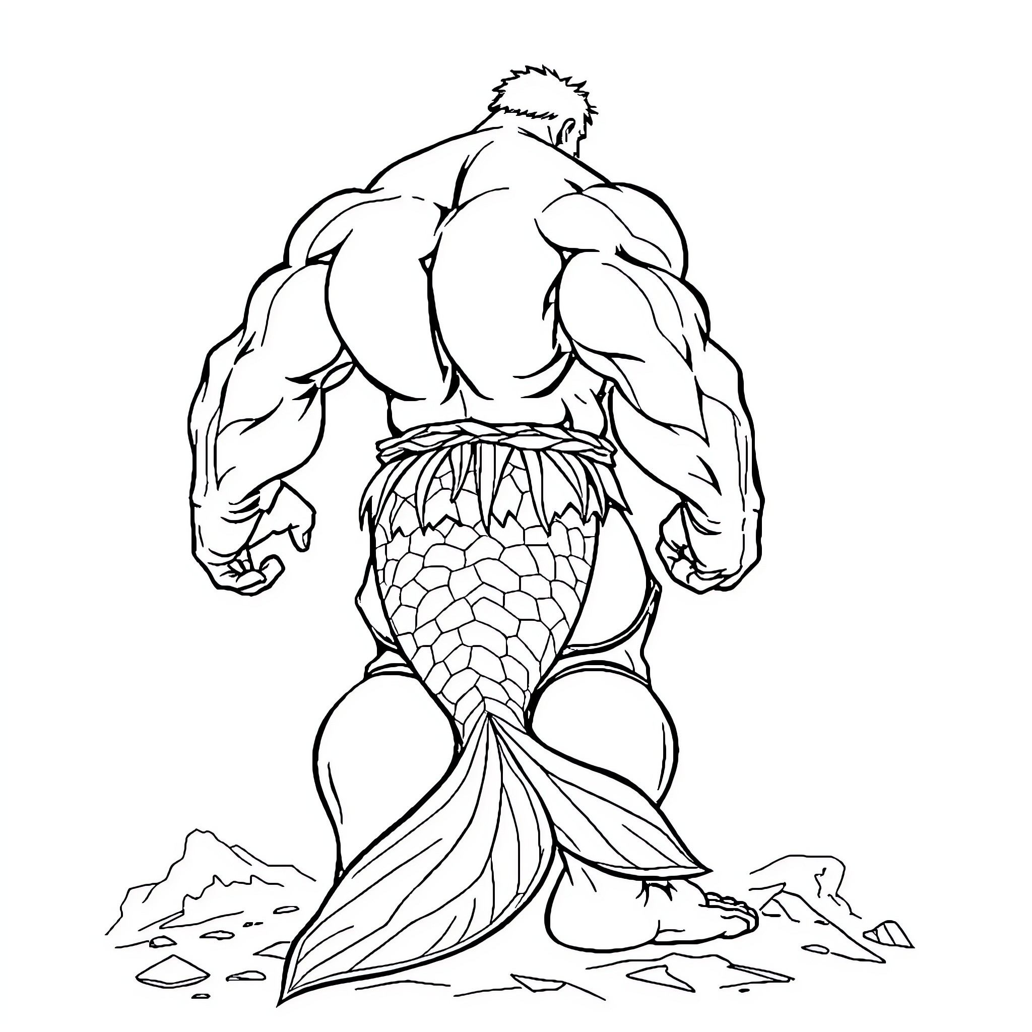 Hulk Merman Emerging from the Depths Coloring Page (free black-and-white line drawing printable PDF for all, from beginners to advanced learners, including children, teens, adults, and seniors)