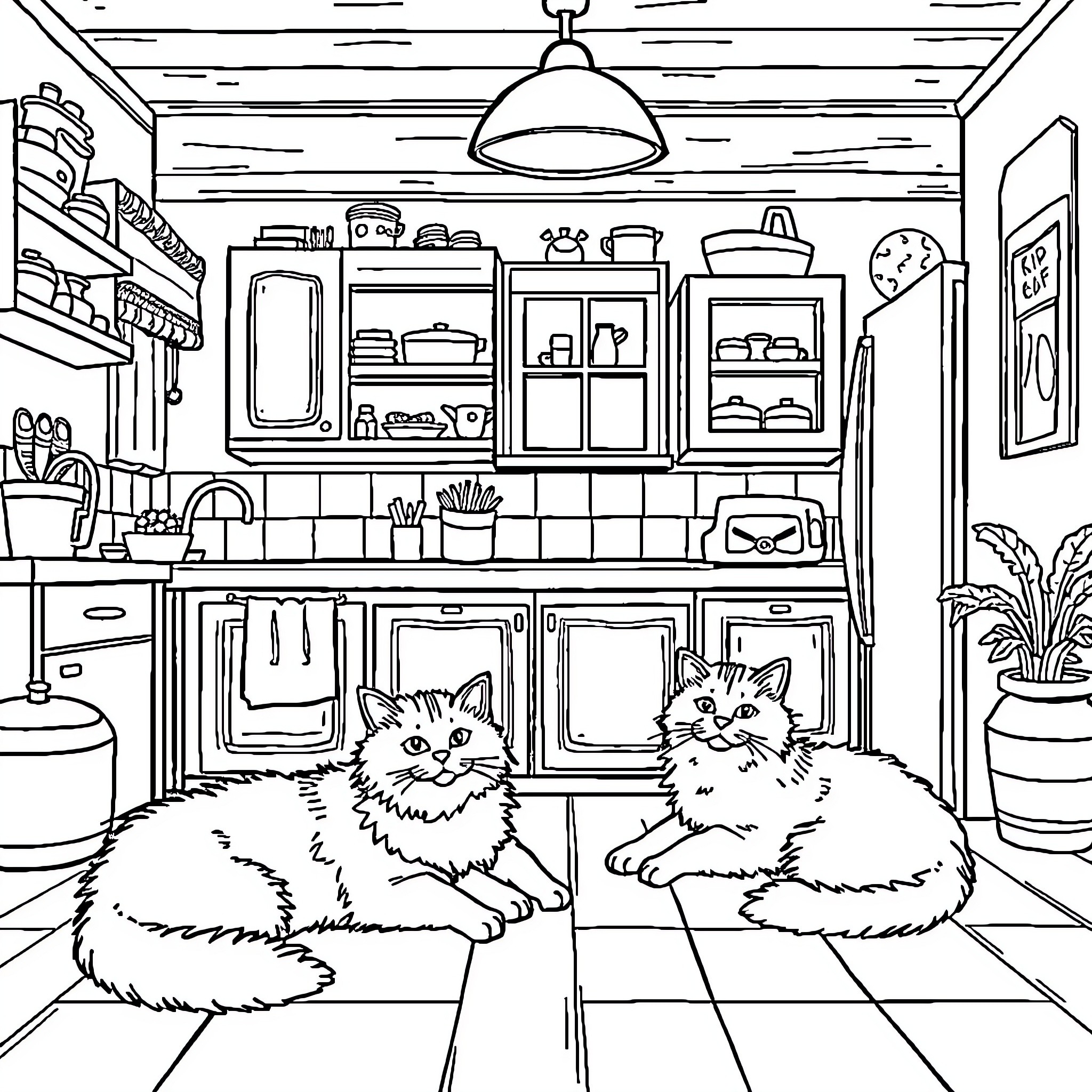 Cats relaxing in a cozy kitchen Coloring Page (free black-and-white line drawing printable PDF for all, from beginners to advanced learners, including children, teens, adults, and seniors)