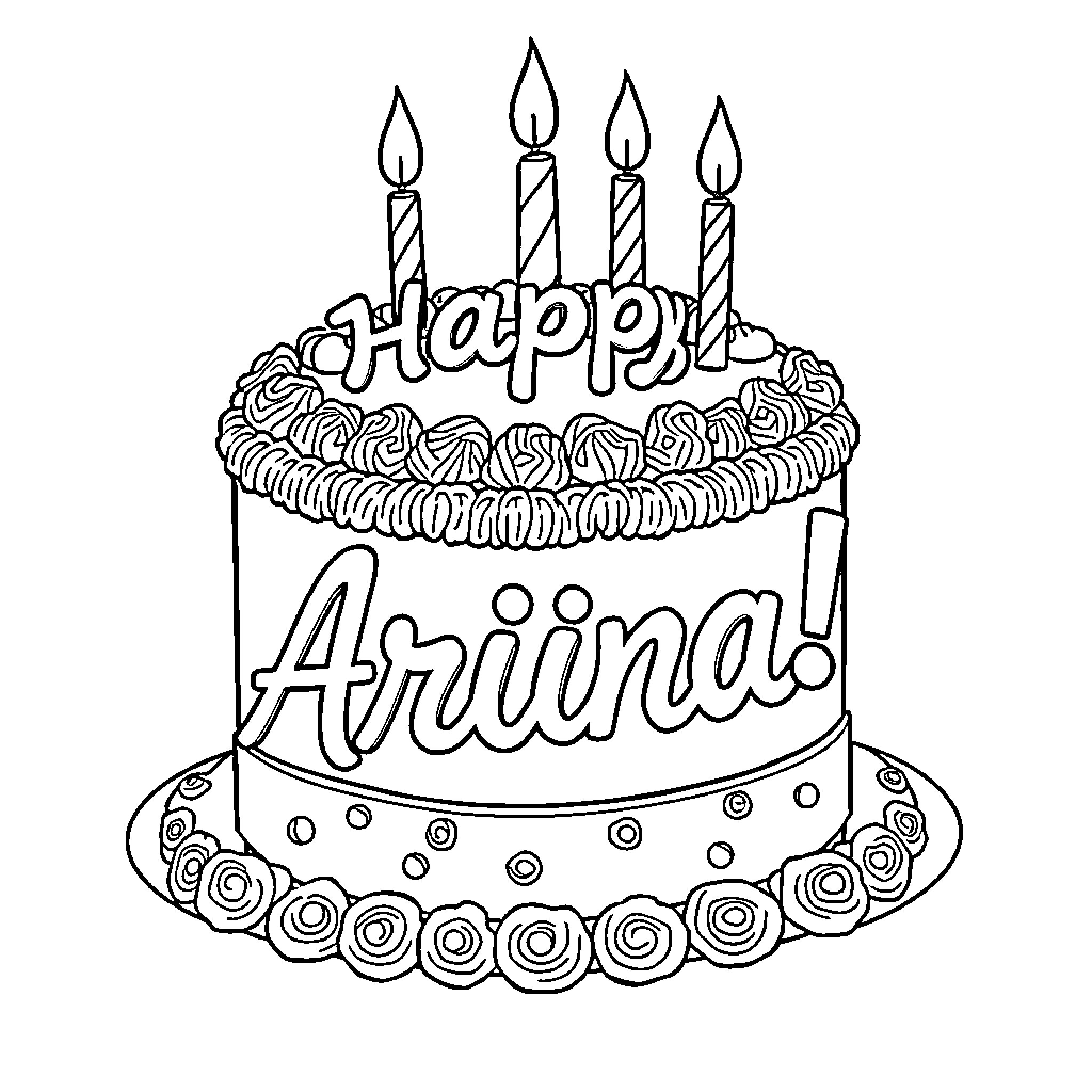 Cake with Happy Birthday Ariina Coloring Page (free black-and-white line drawing printable PDF for all, from beginners to advanced learners, including children, teens, adults, and seniors)