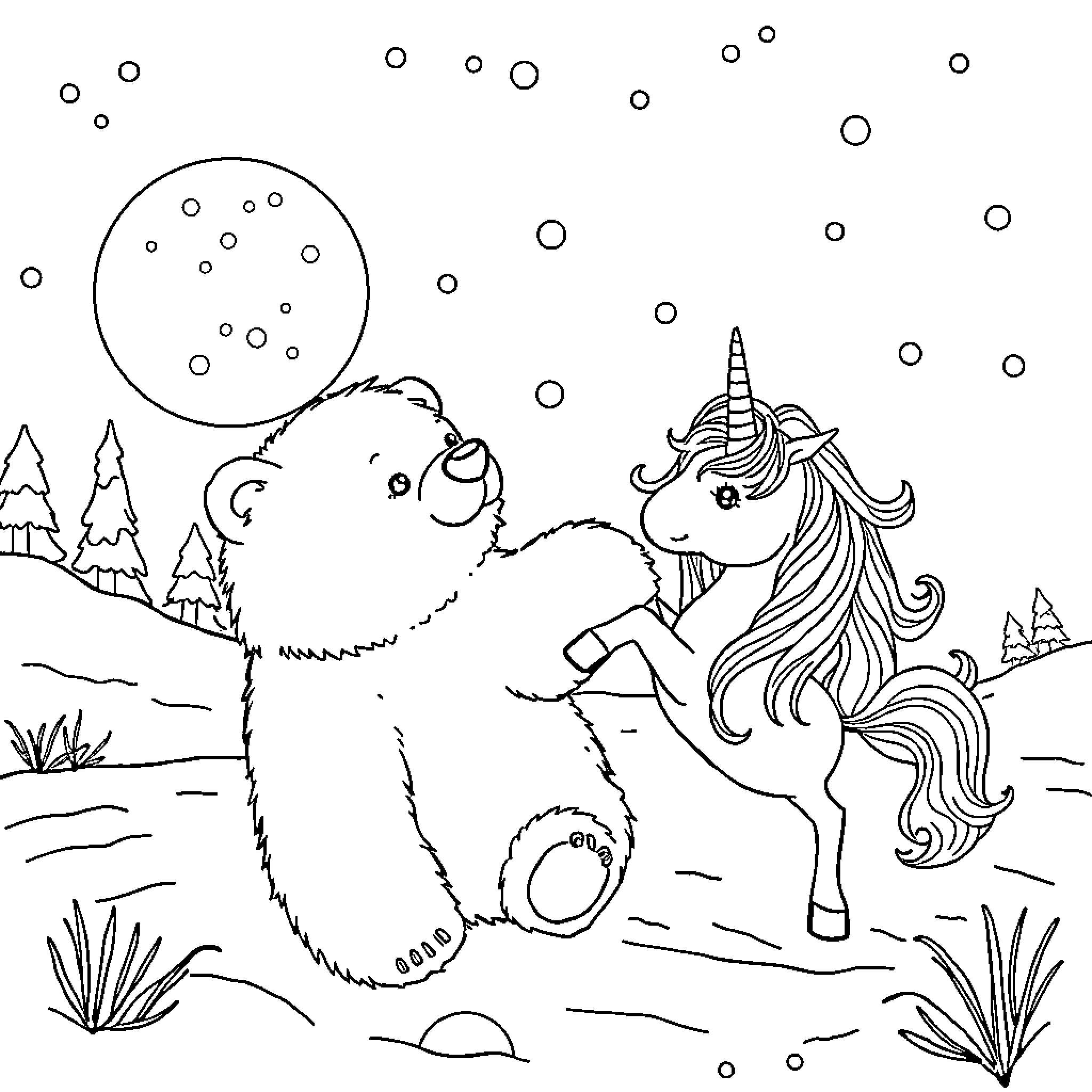 Polar Bear and Magical Unicorn in the Winter Wonderland Coloring Page (free black-and-white line drawing printable PDF for all, from beginners to advanced learners, including children, teens, adults, and seniors)